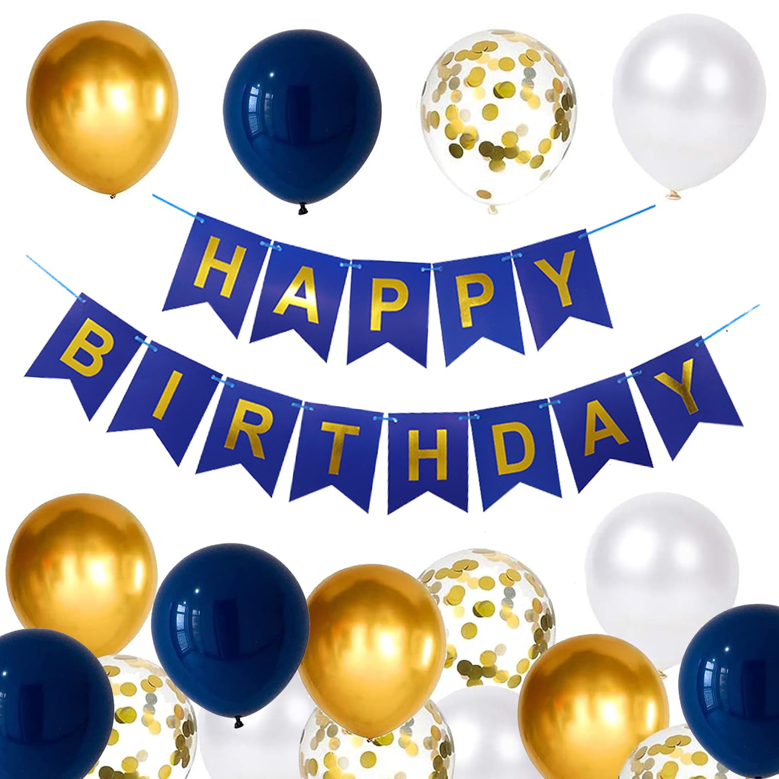 YELYAN Happy-Birthday-Banner, Marineblau & Gold Geburtstagsdekorations-Pack mit Luftballons, Bändern & Bannern für Geburtstagsparty-Artikel