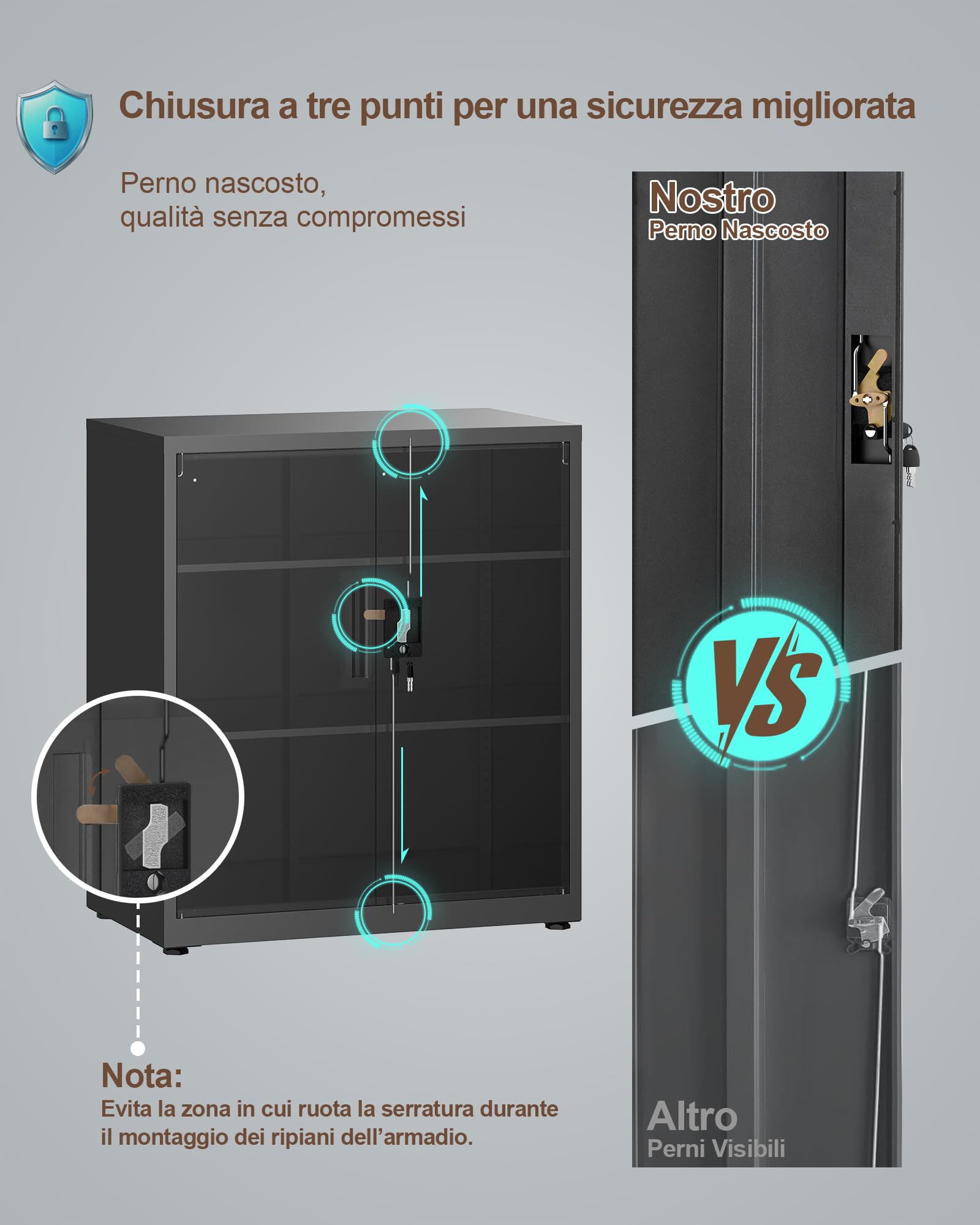 LAND·VOI Armadio in Acciaio 3 Ripiani con Serratura Ripiani Regolabili Ante a Doppia Porta Armadio per Ufficio Mobile in Metallo per Ufficio Garage Cucina Officina 80×40×91.5 cm Nero