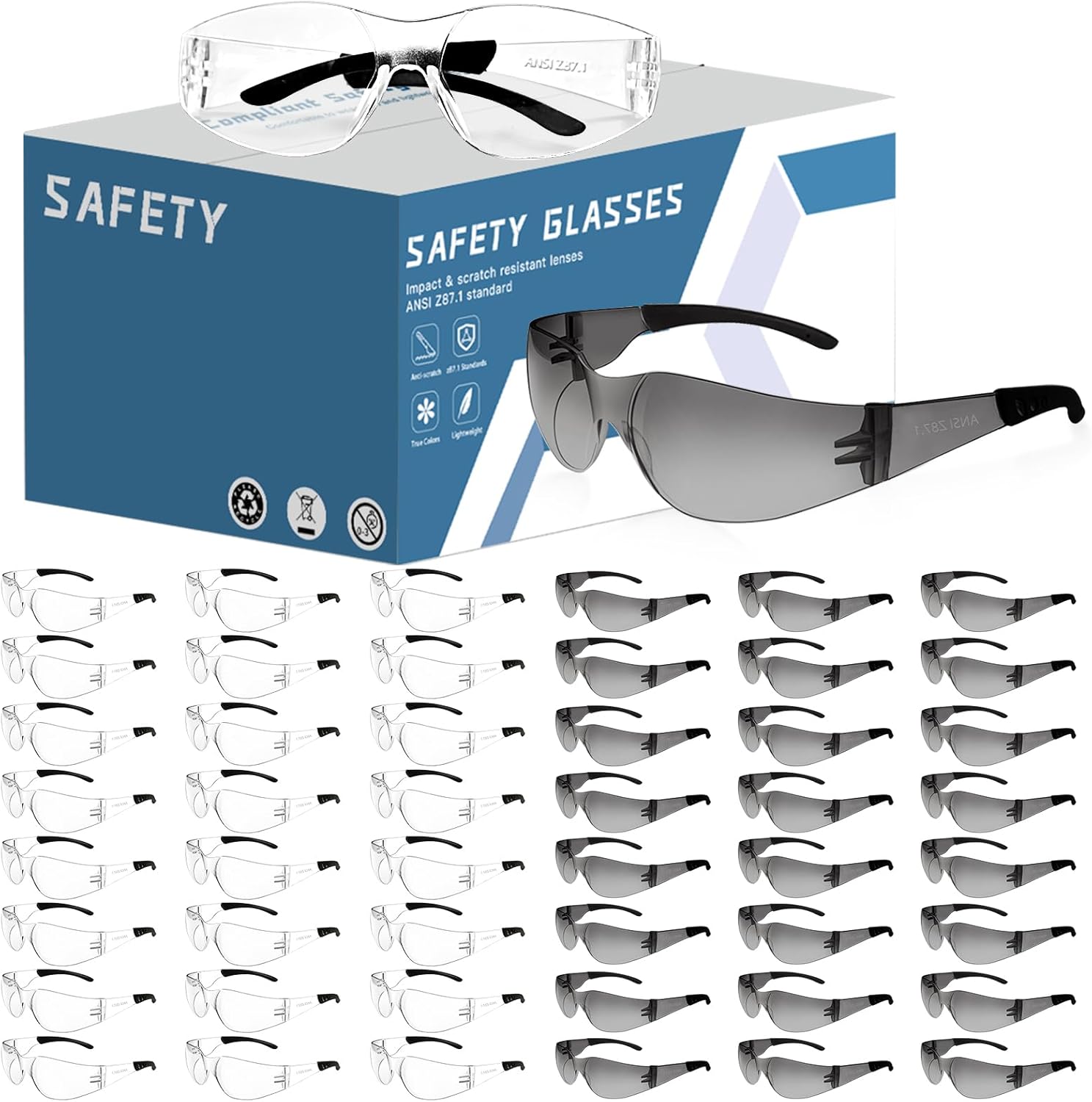Clear Safety Glasses Bulk of 50,ANSI Z87.1 Impact Resistant Lens Eye Protection for Lab,Construction