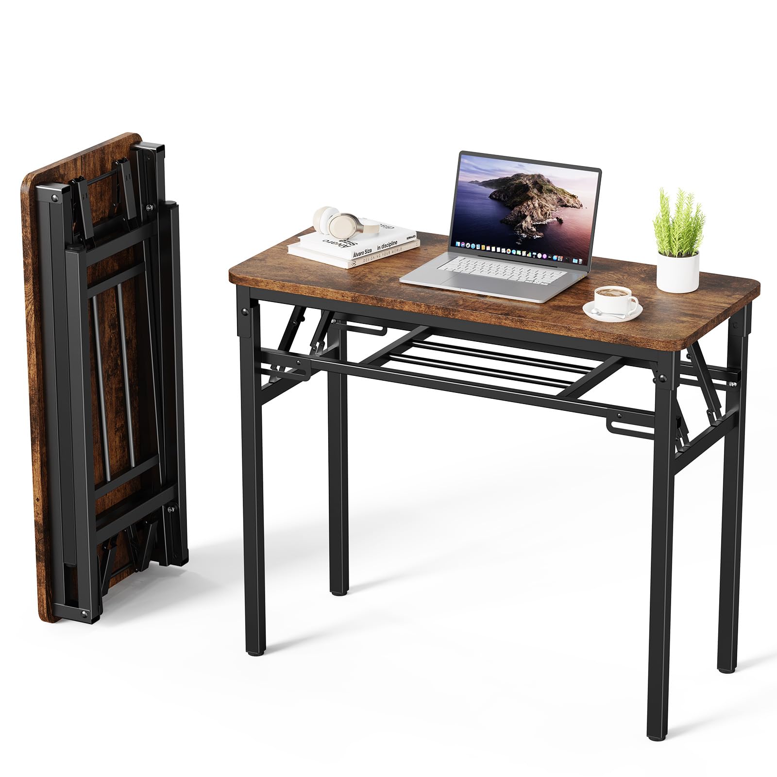 Scrivania pieghevole, 100 x 50 x 75 cm, scrivania con vano portaoggetti, in legno, per computer, gaming piccolo, tavolo da pranzo, per studio, camera da letto, soggiorno (marrone scuro)
