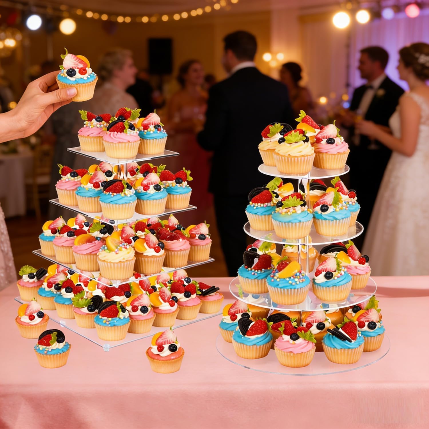 4 Tier Cupcake Stand for 50 Cupcakes, Clear Acrylic Cupcake Tower, Cupcake Holder for Parties, Weddings, Birthdays, Clear Dessert Display Ease of Assembly High Stability (Square)