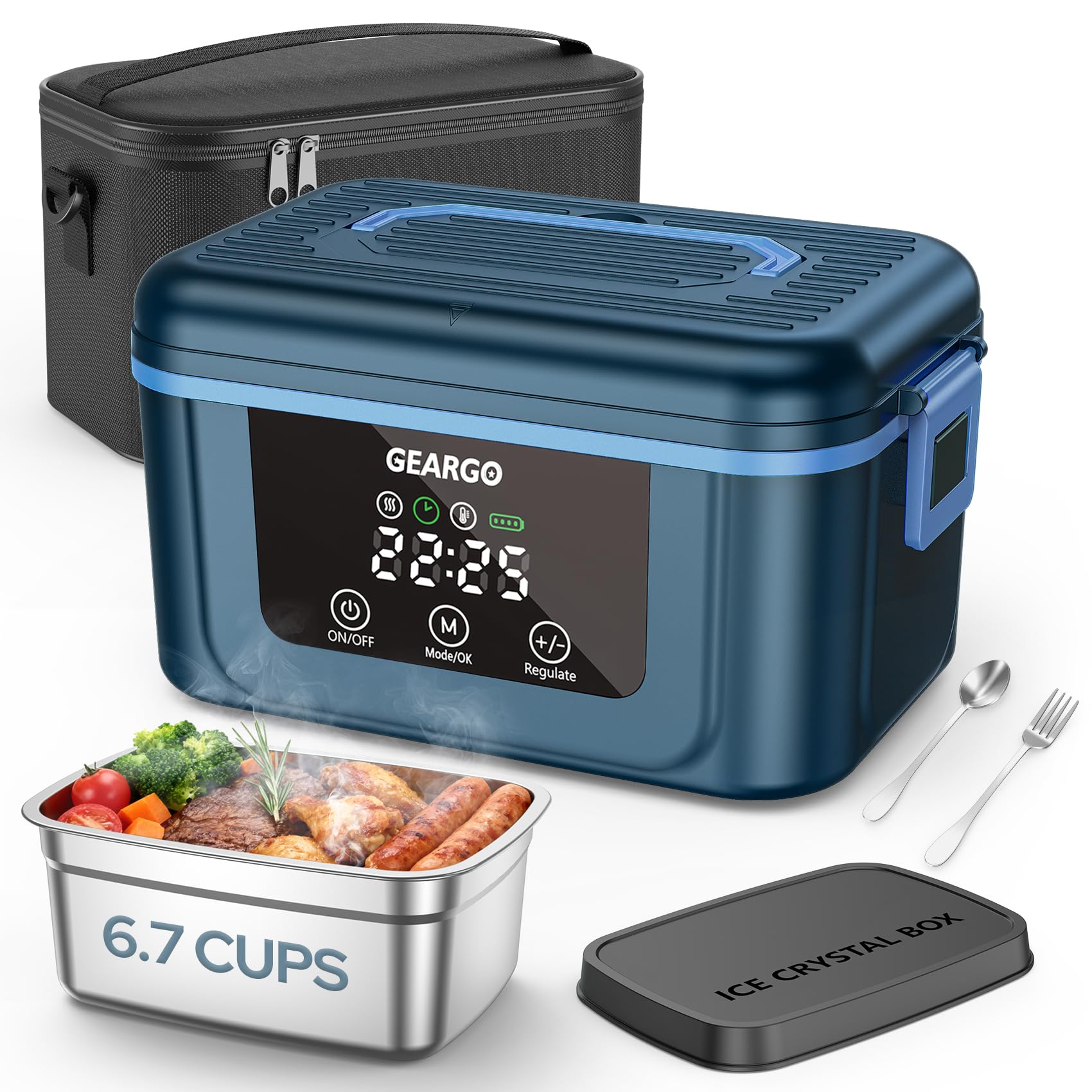 GEARGO 𝟐𝟎𝟐𝟔 Cordless Electric Lunch Box for Adults, 6.7 Cups & 24000mAh Rechargeable Heated Lunch Box with Ice Crystal Box, 24 Hours Scheduled Self Heating Lunchbox For Men Women(Green)