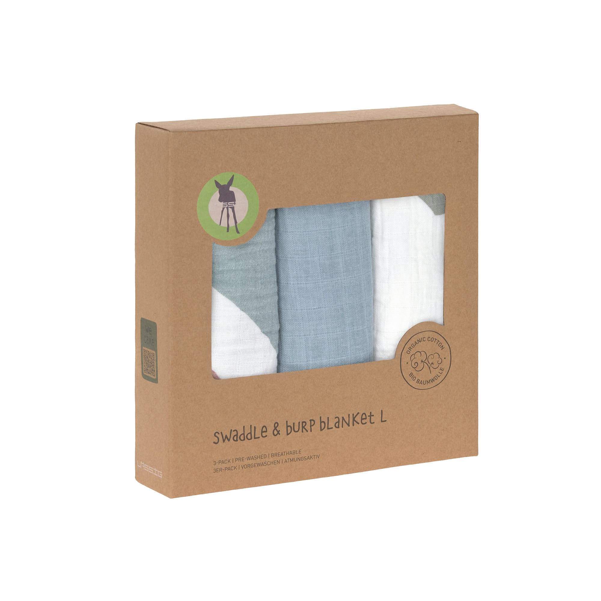 LÄSSIG Lot De 3 Mousselines Bébé 85×85 Cm Coton Bio – Little Mateys Royal Blue, Doudou, Emmaillotage, Bavoir, Polyvalentes Et Douces