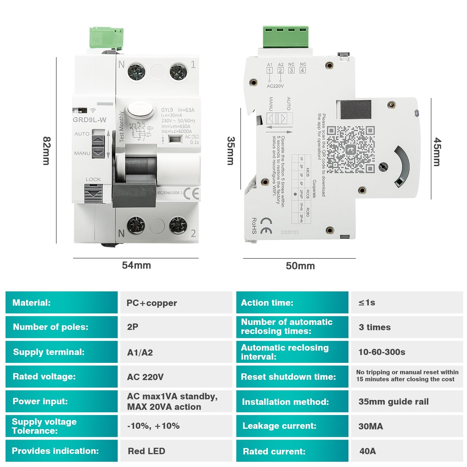 Jadeshay Diferencial Superinmunizado, Disyuntor Inteligente GRD9L-W 2P Diferencial 40A 30ma WiFi Reconectador RCCB Dispositivo de Recierre con Control Remoto