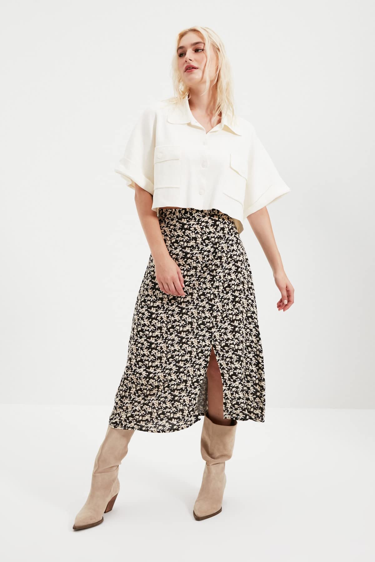 Trendyol Women's Black floral Patterned teardinner Skirt, 40