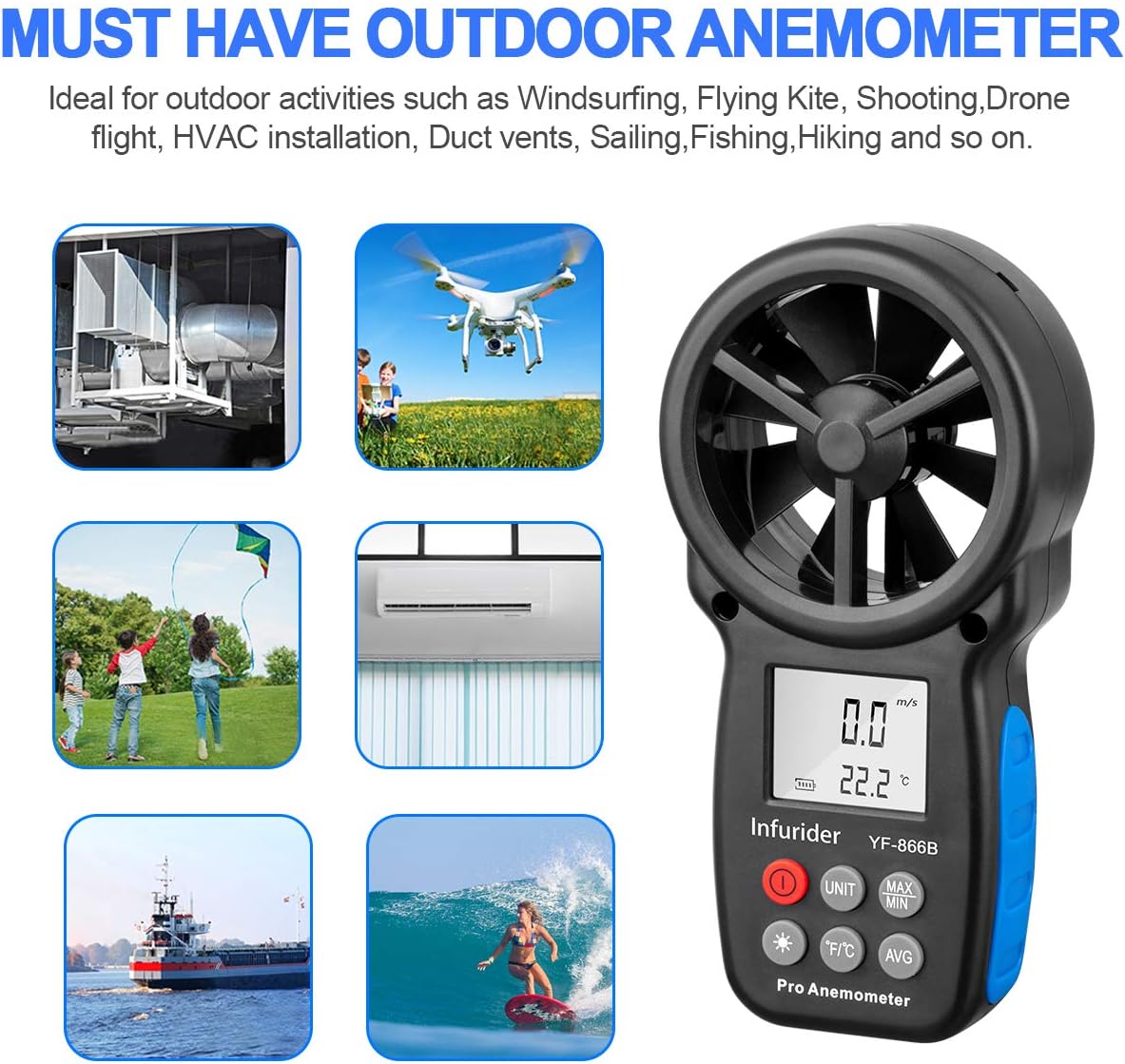 Digital Handheld Anemometer INFURIDER YF-866B Portable Wind Speed Meter Gauge,Wind Velocity/Wind Temperature Measuring with Backlit for HVAC CFM Shooting Drone Flying(Tripod Included) : Patio, Lawn & Garden