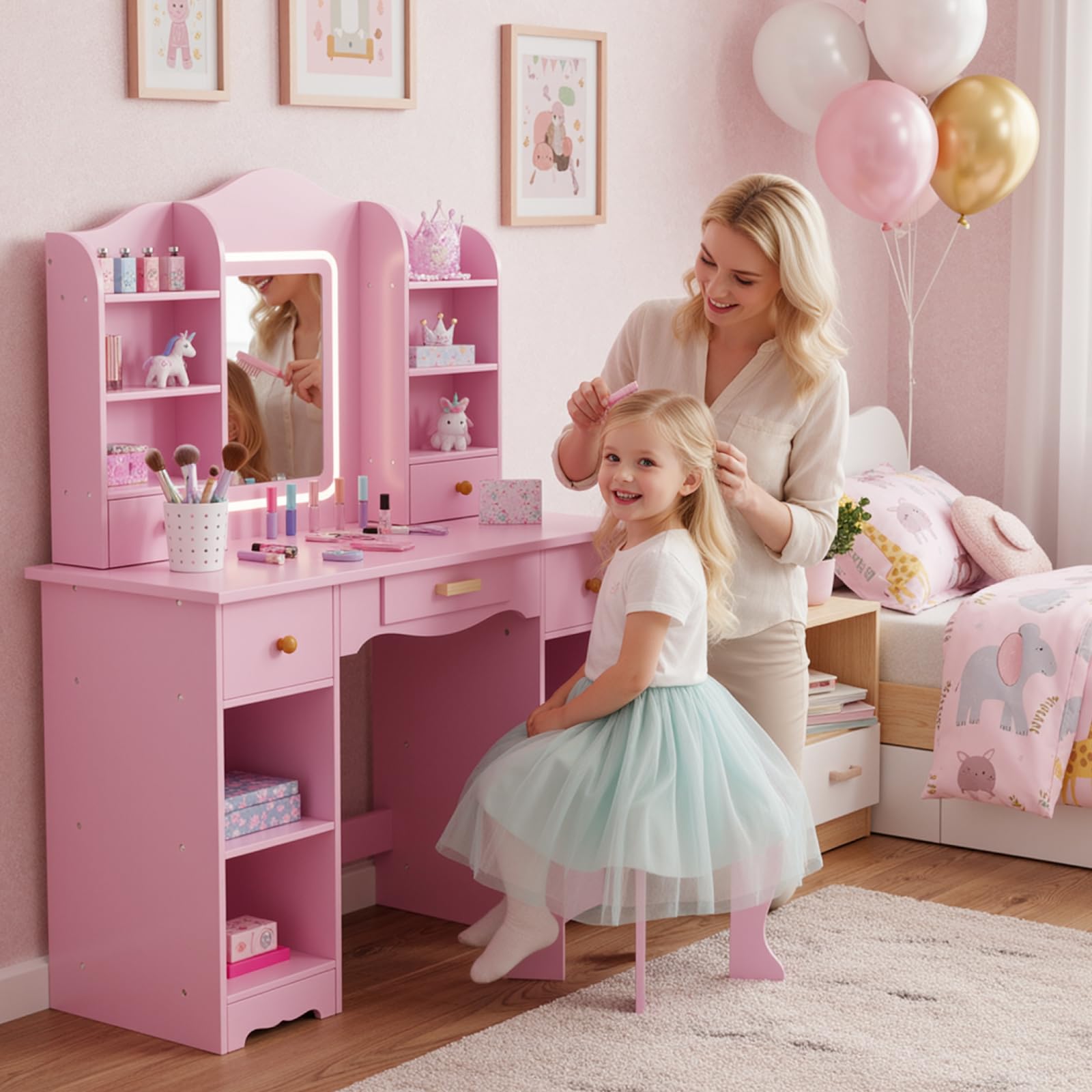 MAMIZO Coiffeuse pour Enfants avec Miroir LED, Coiffeuse pour Fille avec Tabouret, Table de Maquillage Fille avec 5 Tiroirs et 10 Compartiments de Rangement, 95x34x118cm, Bureau pour Enfant (Rose)