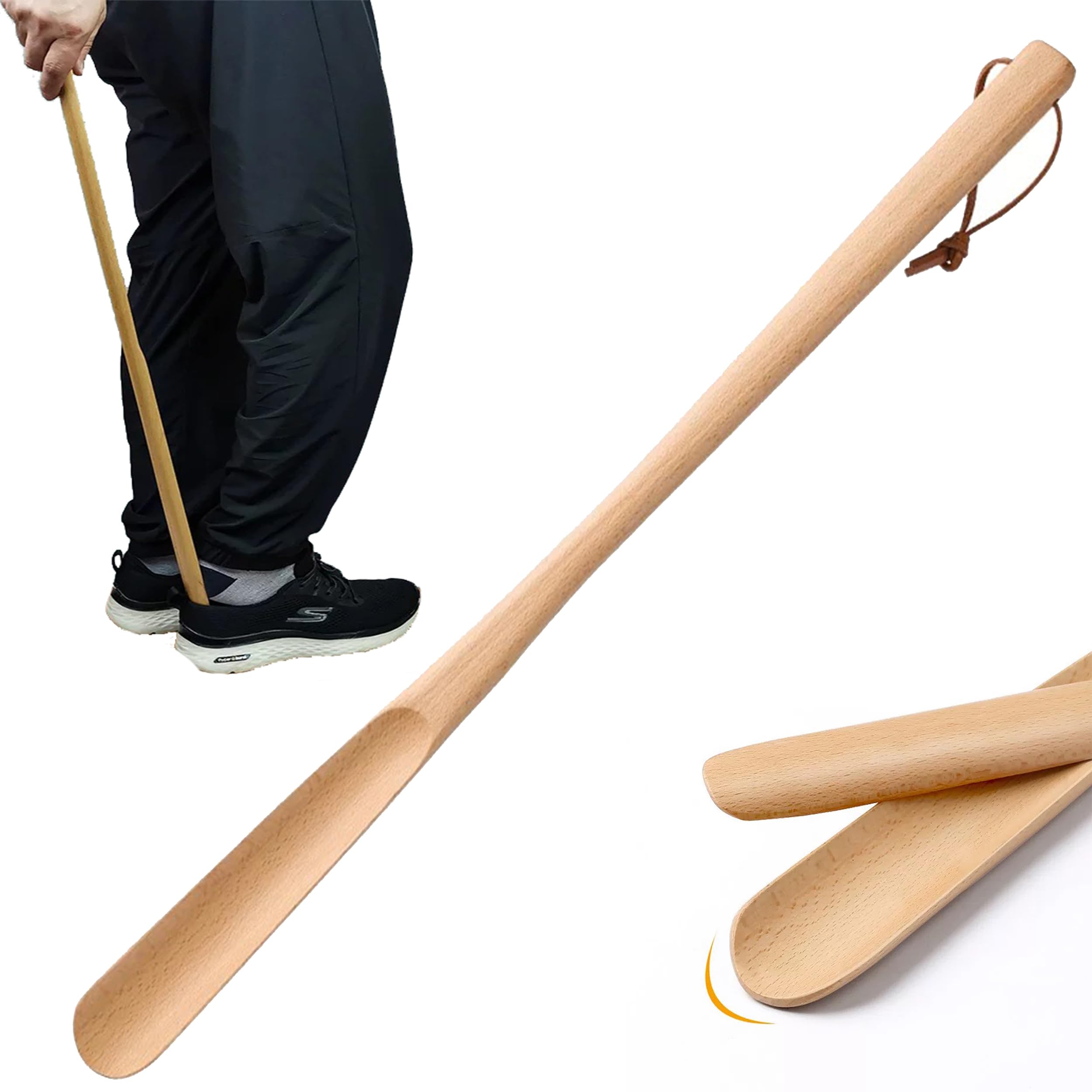 Łyżka do butów z drewna, długość 72 cm, naturalny materiał drewniany, ze skórzanym paskiem, pomoc w zakładaniu butów