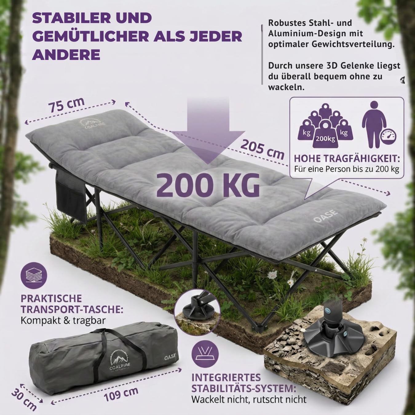 GOALPINE® OASE | Feldbett Groß mit Matratze [Wildtierleder Imitat] & Kissen | für Camping | klappbar | Campingbett XXL | als Gästebett und im Garten nutzbar | 1 Person bis zu 200 kg | extra breit