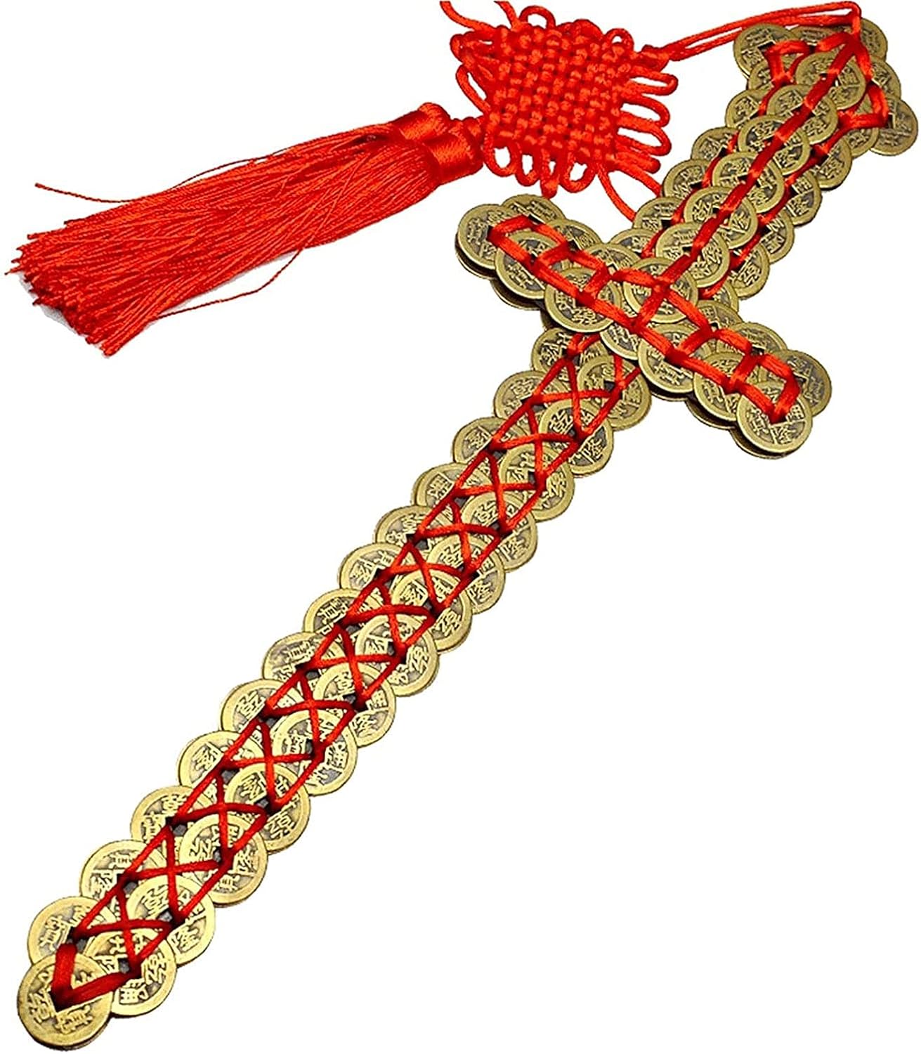 Chinese Coins Feng Shui, Red Rope Braided Copper Money Sword Ornaments Coins Five Emperor Ancient Coin Fortune for Luck Health and Wealth,78cm