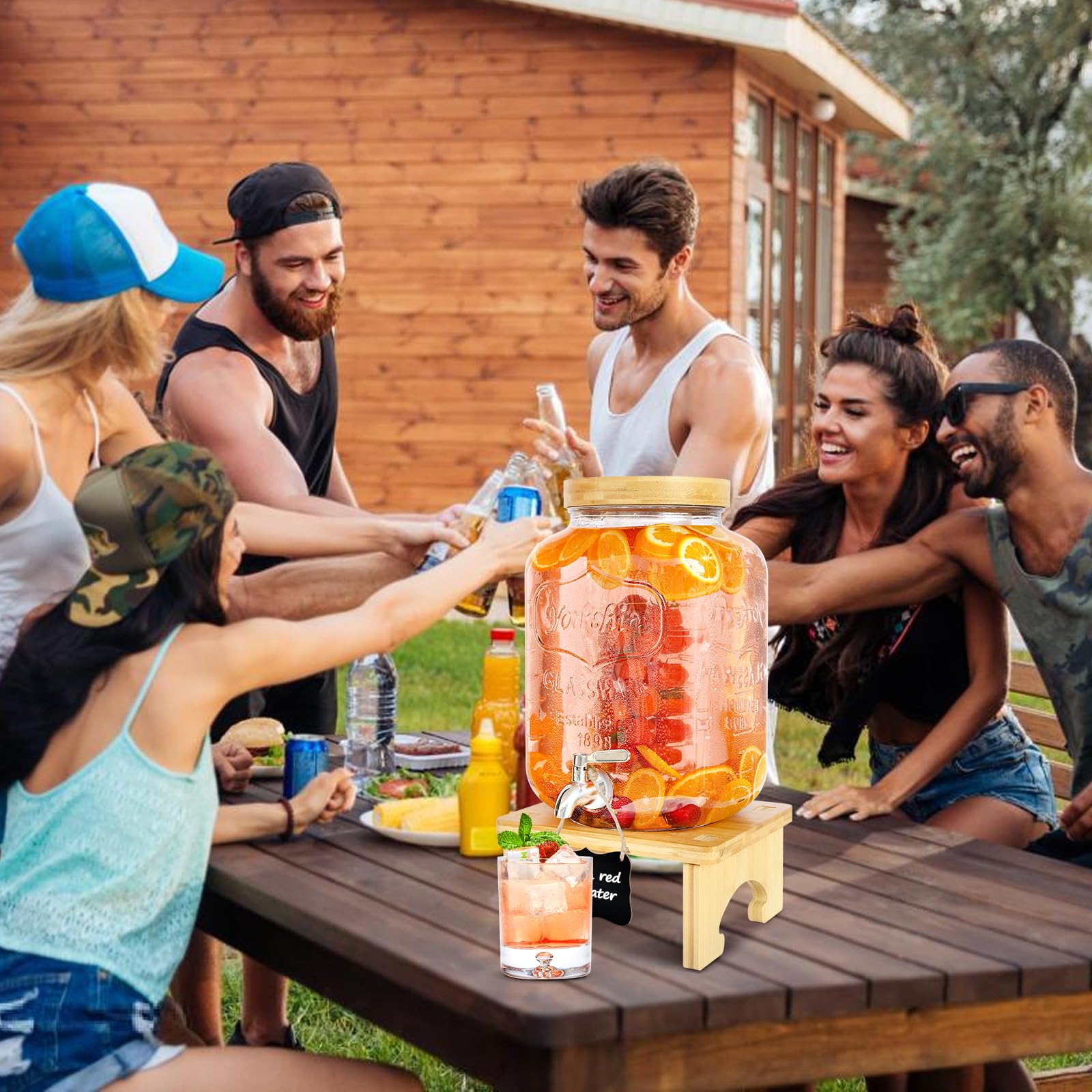Distributeur de boissons de 7,6 L avec support, distributeur de boisson en verre avec robinet en acier inoxydable massif pour jus glacés, eau, boissons maison, fêtes, mariages