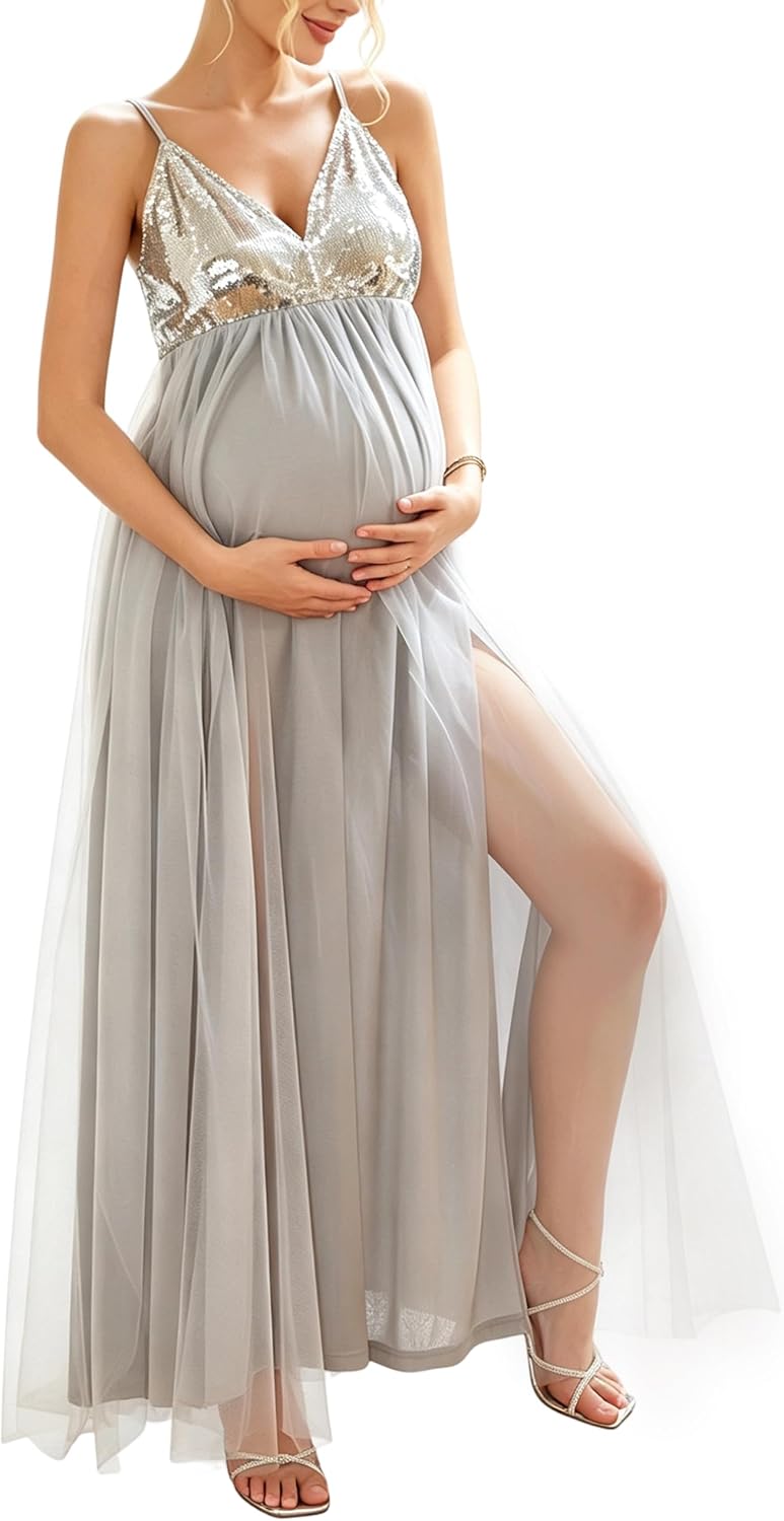 Maternity Dress Sequin Bodice Mesh Maxi V Neck Spaghetti Strap Gown