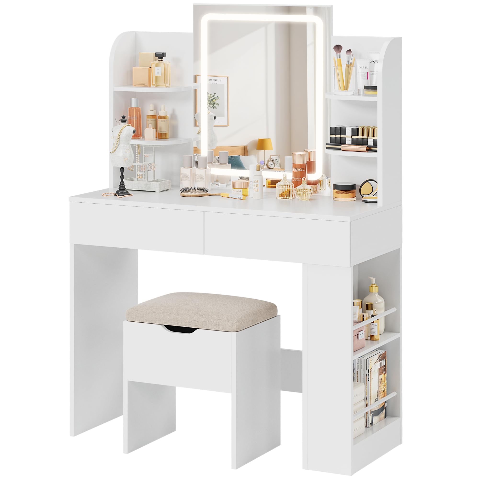 YESHOMY Makeup Vanity, Mirror Jewelry Cabinet, Lockable Swivel Storage Organizer Armoire with LED Light Shelves, White