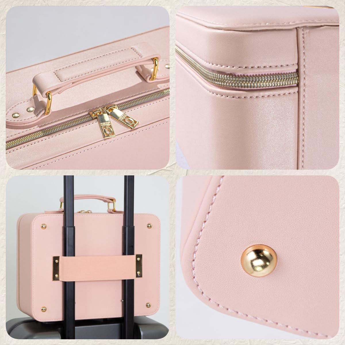 Leather Makeup Bag with Lighted Mirror, 11.5'' Travel Makeup Organizer Bag with Adjustable 3 Colors Light and Dividers, Cosmetic Organizer Artist Storage Bag Pink - Image 4