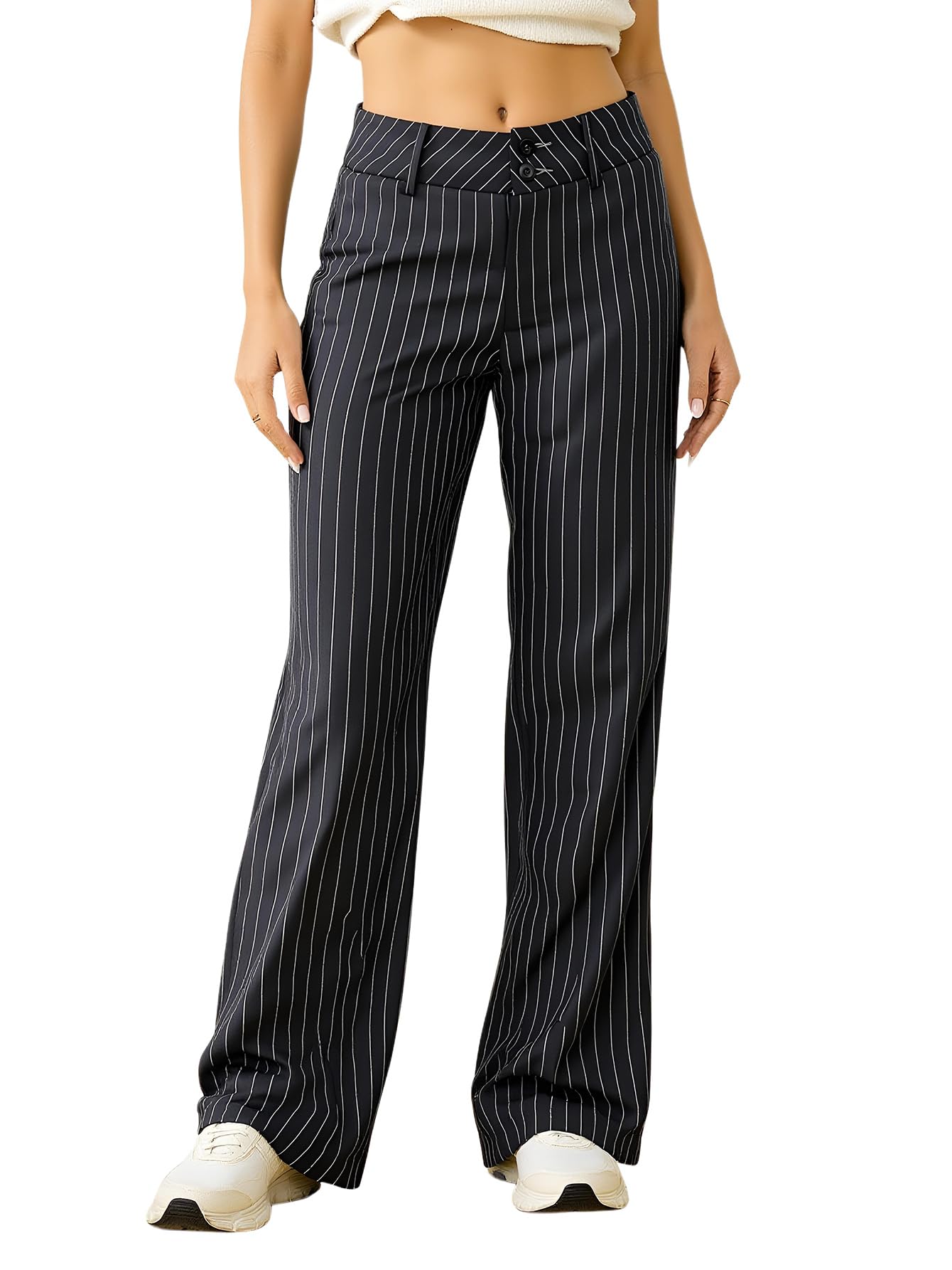 Womens Striped Low Rise Dress Pants Straight Leg Work Office Trousers