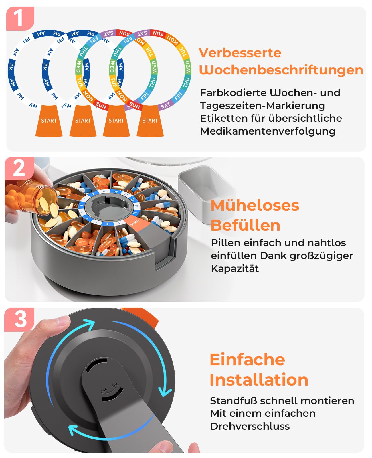 Daviky Großer pill dispenser - Tablettenbox 14 tage Druckknopf-Design