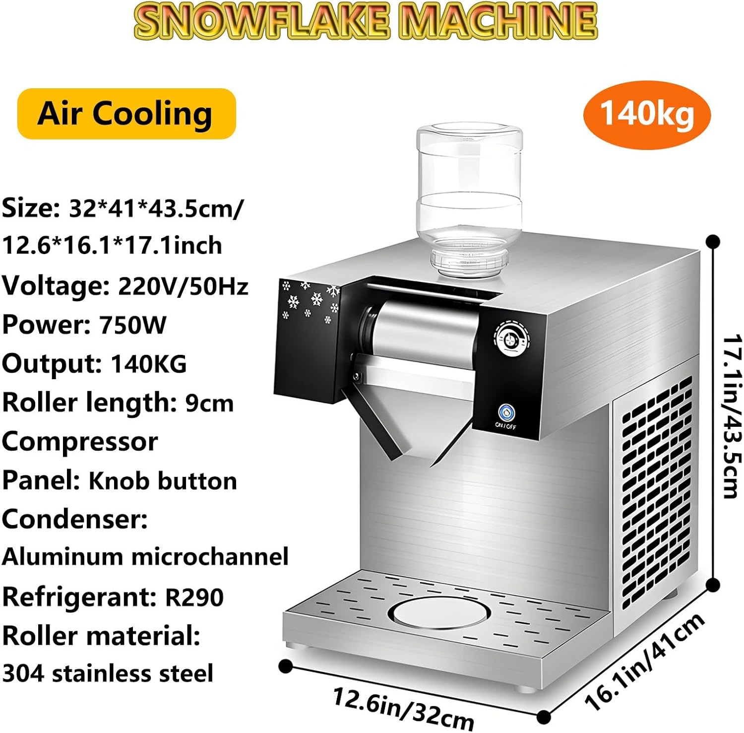 Snowflake Ice Maker Commercial/Home, Shaved Ice Machine Electric, Speed ​​Adjustable Ice Crusher Stainless Steel, Air Cooling System for Bakery, Cafe, Party and Gathering 140kg