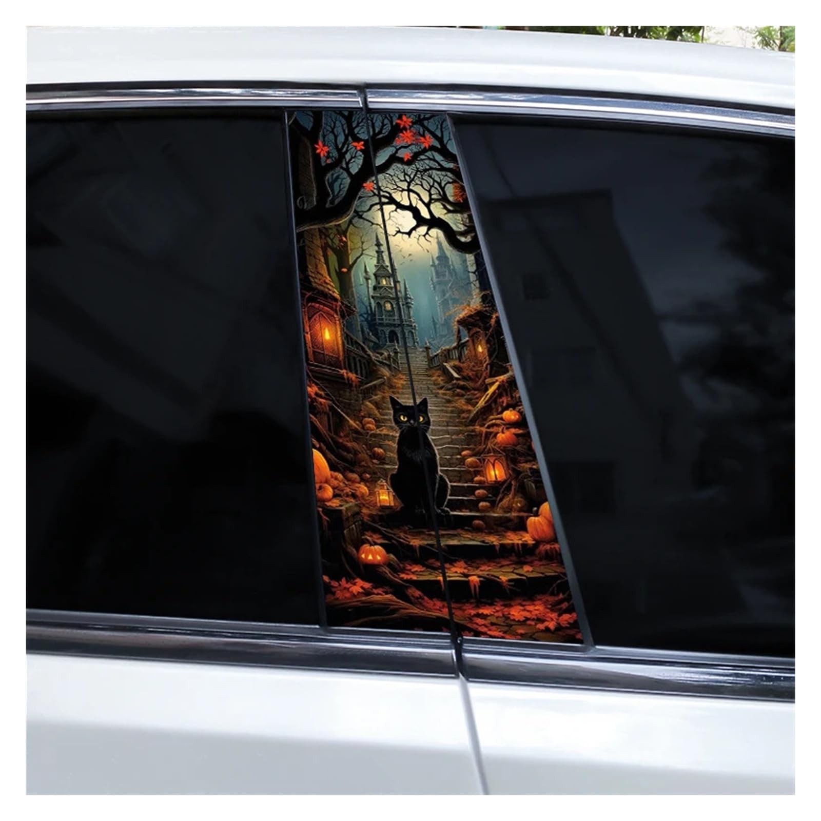 Car Side Decals 2pcs Halloween Horror Castle Pumpkin Car Stickers Door B-Pillar Sunscreen Center Column Decal(Style U)