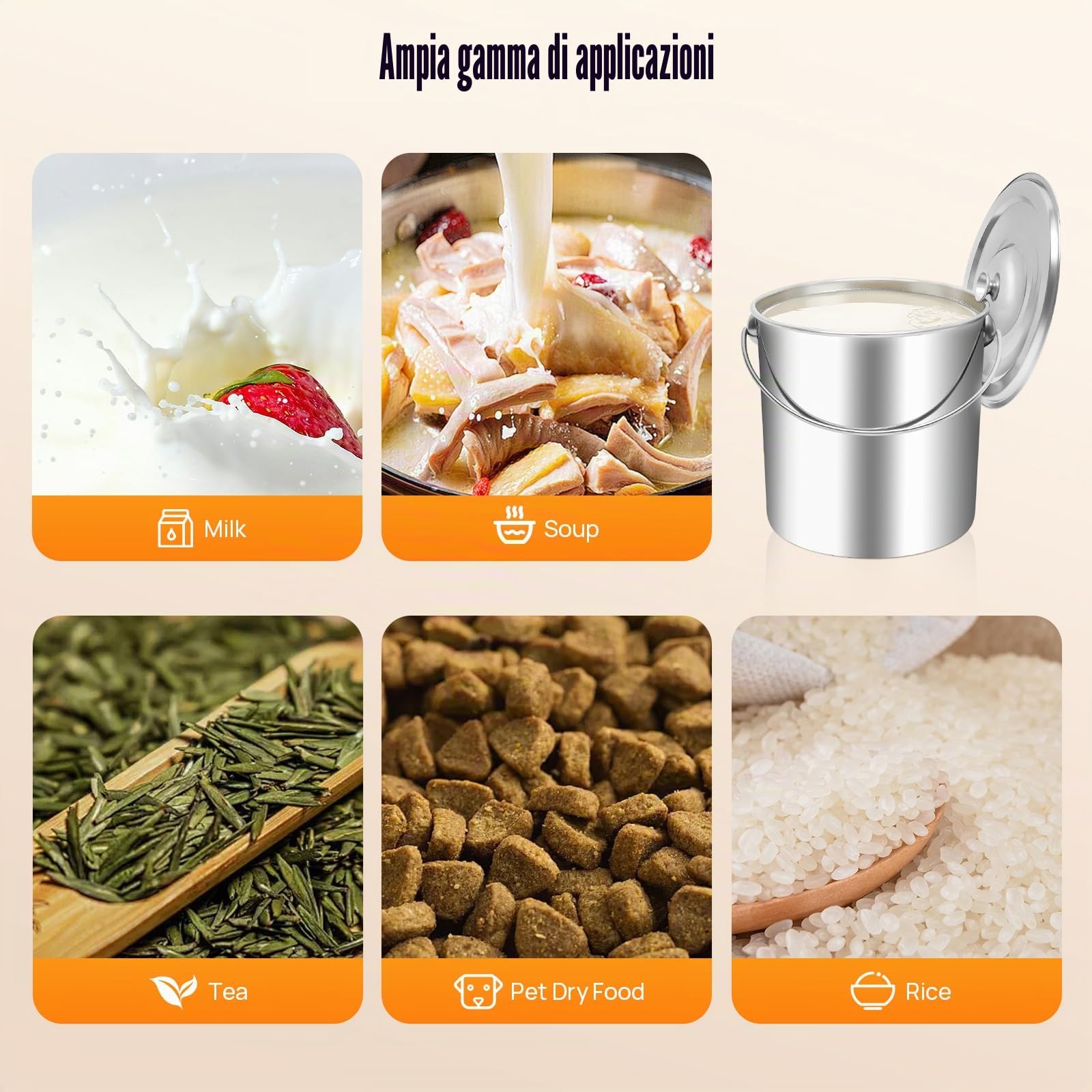Secchi in acciaio inox con coperchio, 6/12/20 l, per alimenti, secchi da cucina, per latte, per cereali, contenitori per riso, farina e cereali (20L)