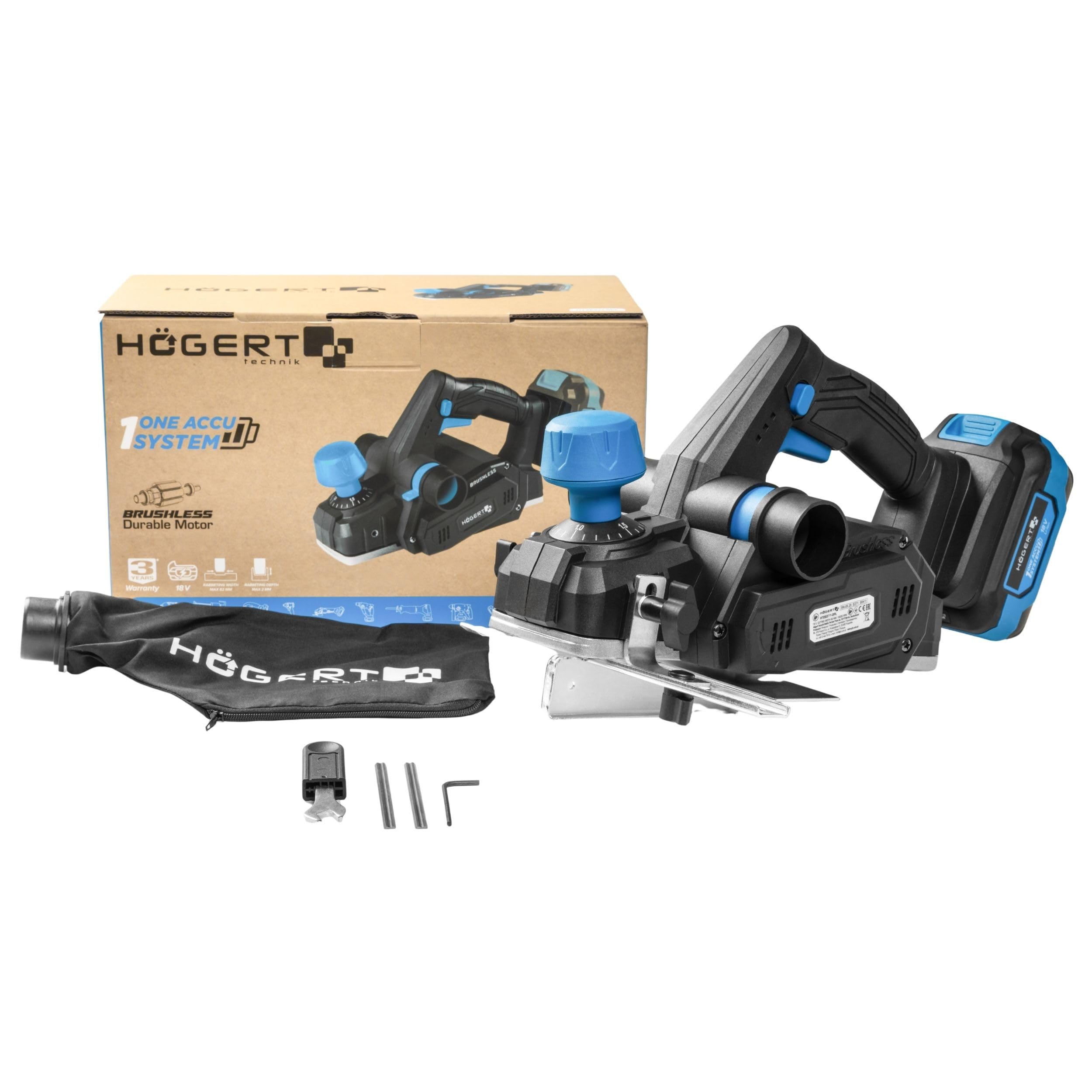 HÖGERT TECHNIK Cepillo Eléctrico a Batería 18V OneAccuSystem, motor sin escobillas, 82 mm de ancho, 16000 RPM, suela de aluminio, inalámbrico para carpintería, sin batería