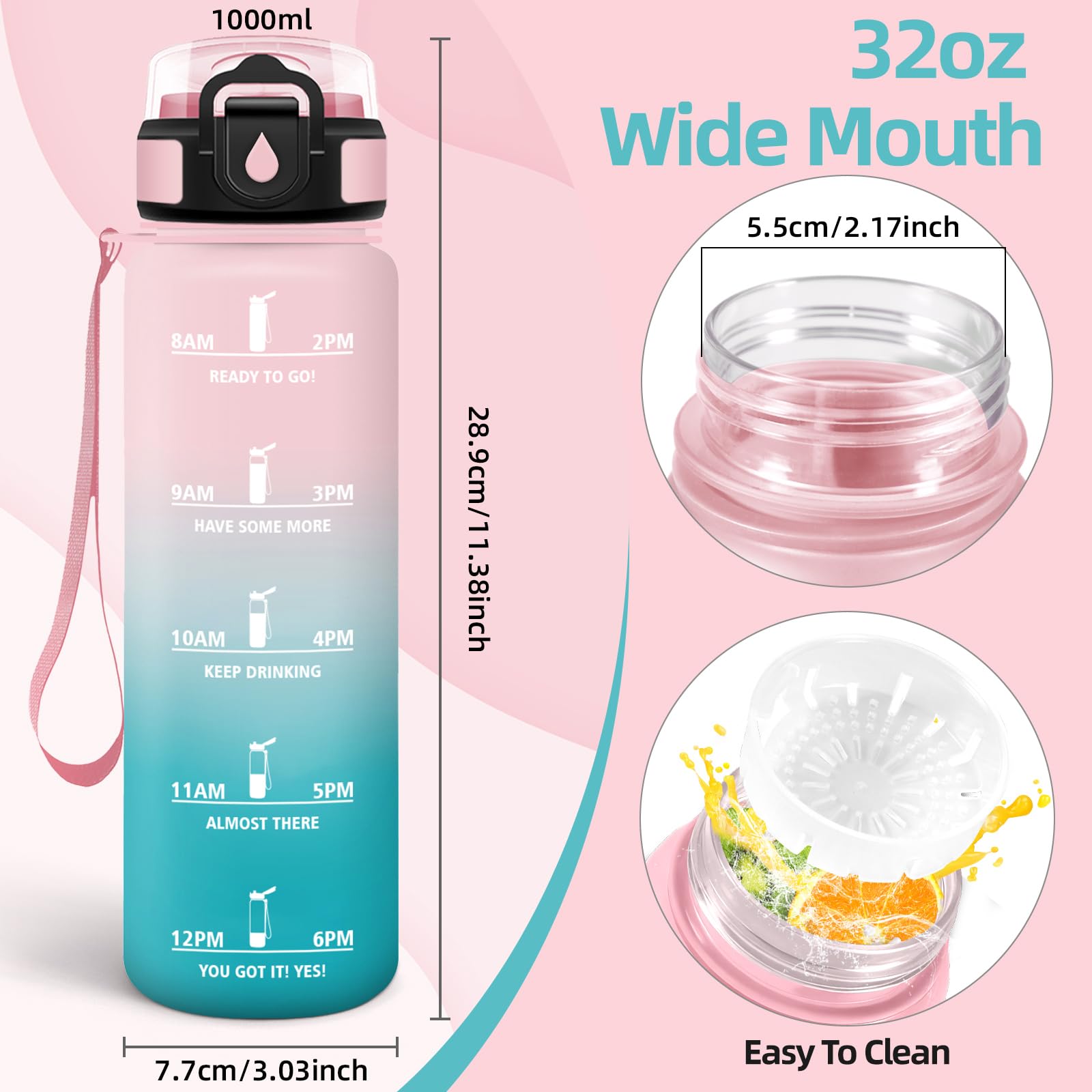 Baramumu Borraccia 1 litro, Borraccia Palestra, a Prova di Perdite, Bottiglia acqua, Facile da Aprire, Borracce, per Fitness, Yoga, Ufficio, Palestra, Trekking, Rosa&Verde