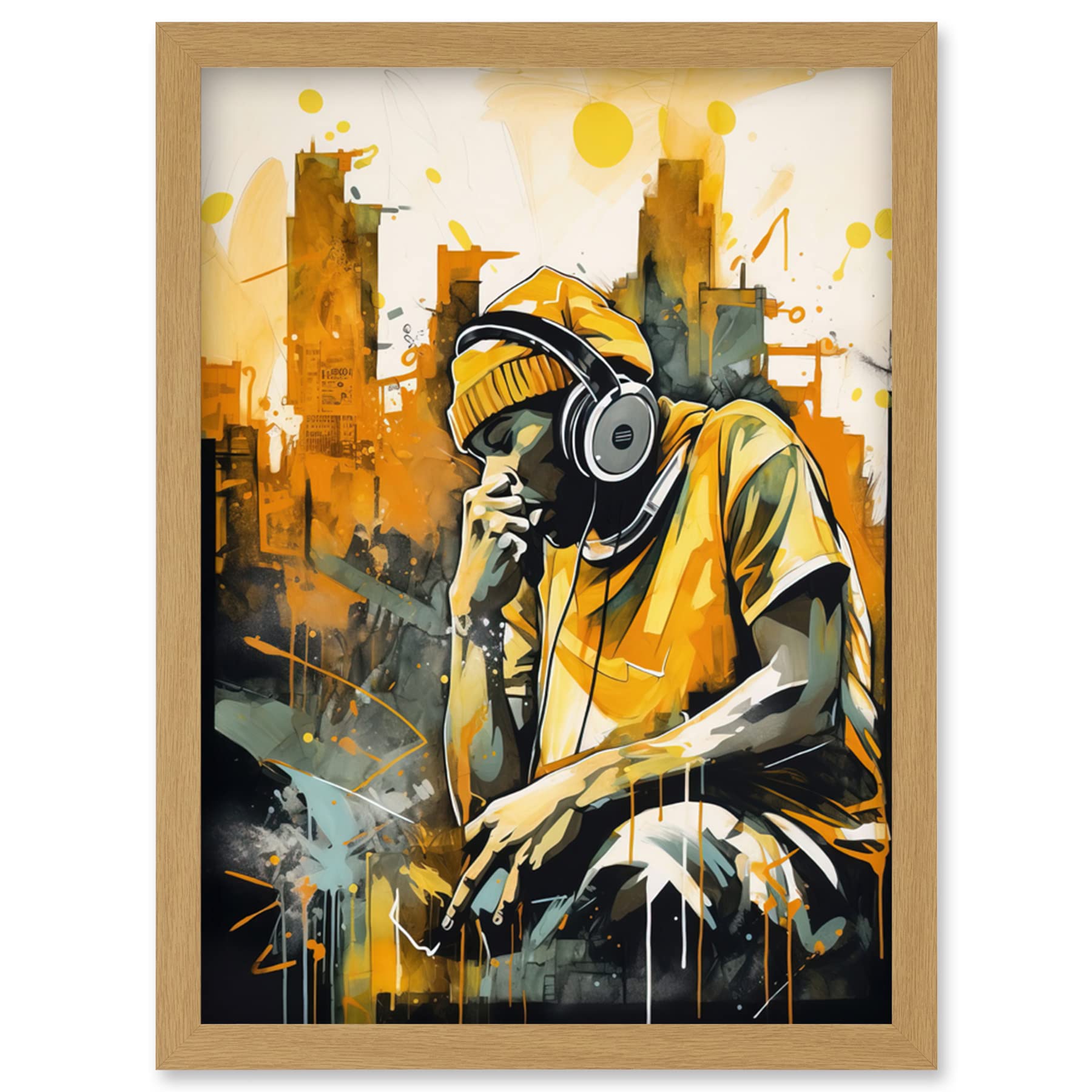 Artery8 Abstract Cityscape Young Man Wearing Headphones Listening to Music Modern Watercolour Illustration Artwork Framed Wall Art Print A4