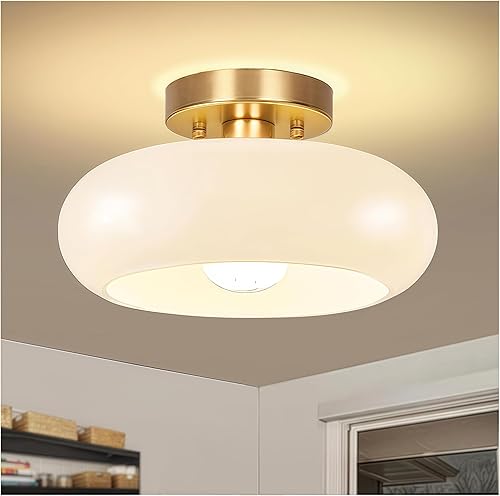 Gold Semi Flush Mount Ceiling Light,11inch Mid Century Modern Light Fixture,Hallway Lighting Fixture with Milk White Glass Shade,Vintage Ceiling