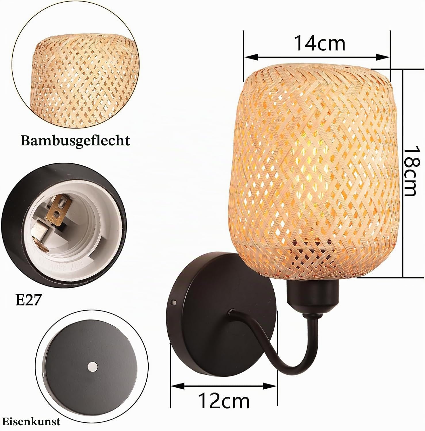 2 Stück Vintage Wandleuchte Handgeflochtene Lampe Bambus Lampenschirm E27 Wandlampe Bohemian Style Wandleuchte Innendekoration für Schlafzimmer, Restaurant, Flur