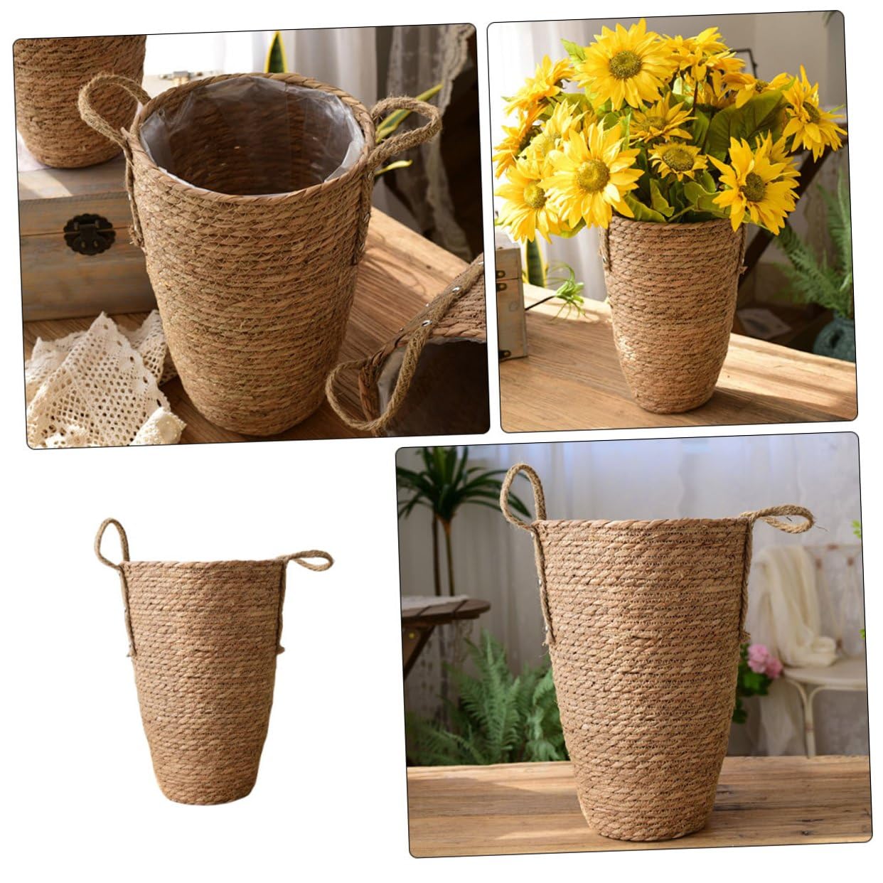 SHINEOFI Panier en Paille Tressée Décoratif pour Pot de Fleurs, Multi-Usage et Résistant, Style Rustique Élégant pour Maison et Balcon Abrité