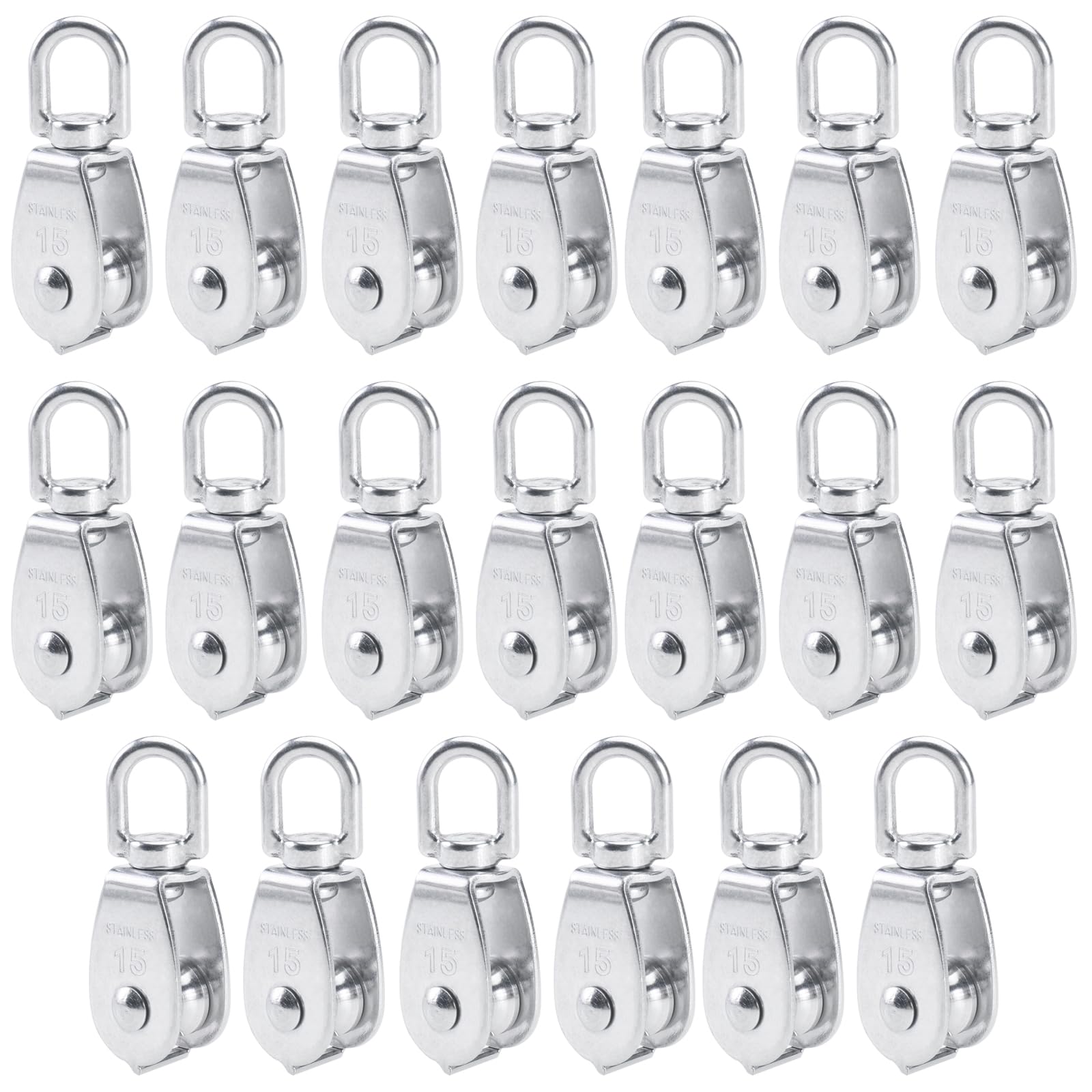 20 piezas de polea de acero inoxidable 304 M15 para cuerda de alambre para grúa, polea pequeña, para elevación, rueda colgante, gancho giratorio