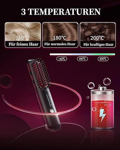 Miniatura 4 de Cepillo alisador de pelo inalámbrico, cepillo alisador portátil con iones negativos, alisador de pelo caliente para mujeres, ligero y mini para