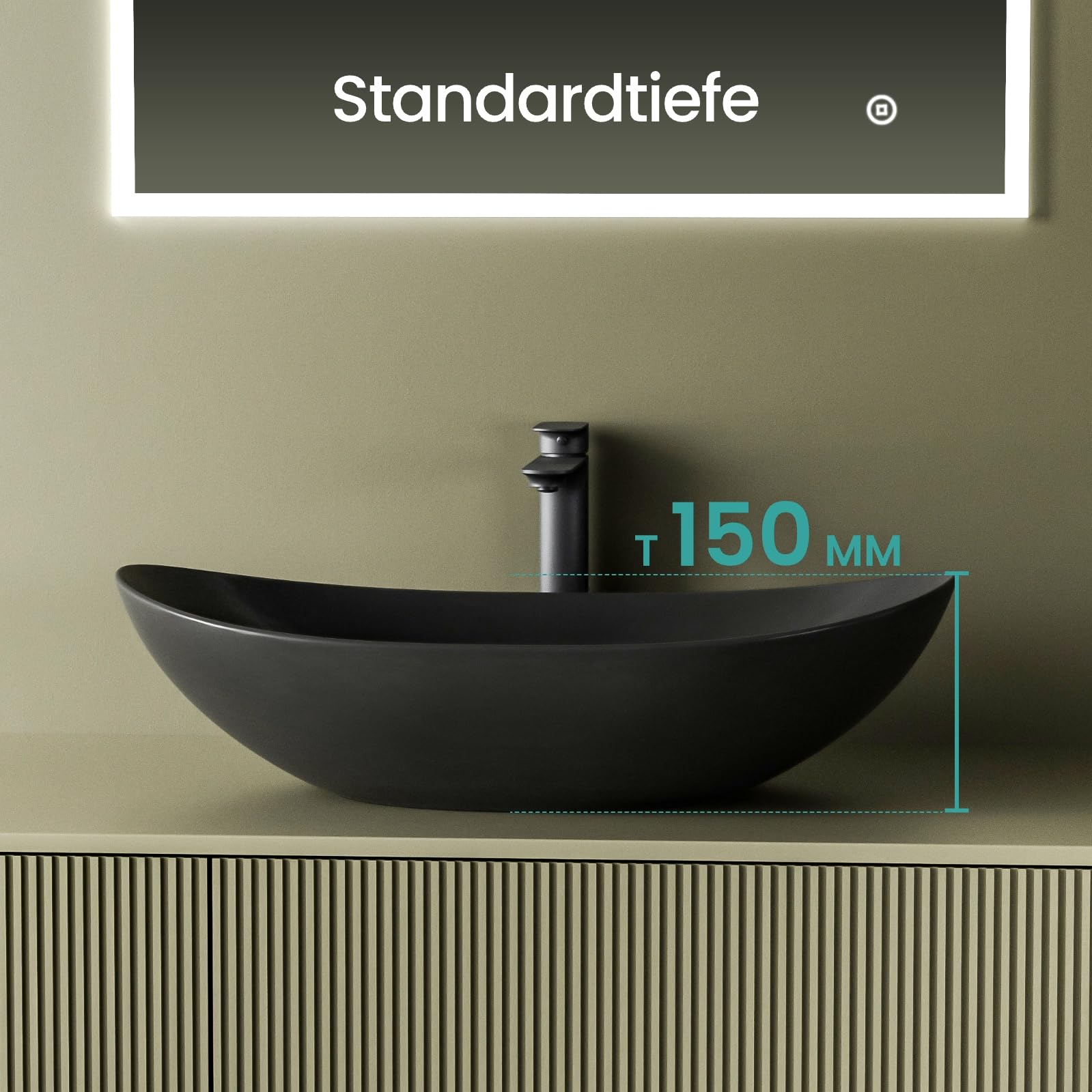 EMKE Aufsatzwaschbecken oval, Keramik Waschbecken Bad 61,9 x 36 x 15,7 cm, Waschtisch Schwarz Matt, Waschschale ohne Hahnloch, Handwaschbecken für Badezimmer und Hotel