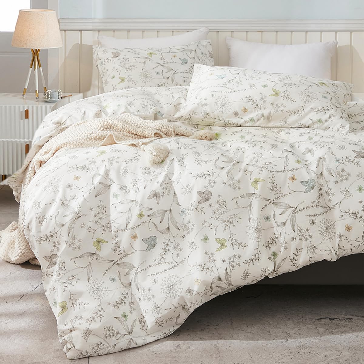 Wotcsil Funda Nórdica Cama 135/150 Verde Beige Funda Nórdica Edredón 220 x 240 cm Floral con Patrón Flores Hojas Botánico Jardín Microfibra 3 Piezas y 2 x Fundas de Almohada de 50x75 cm