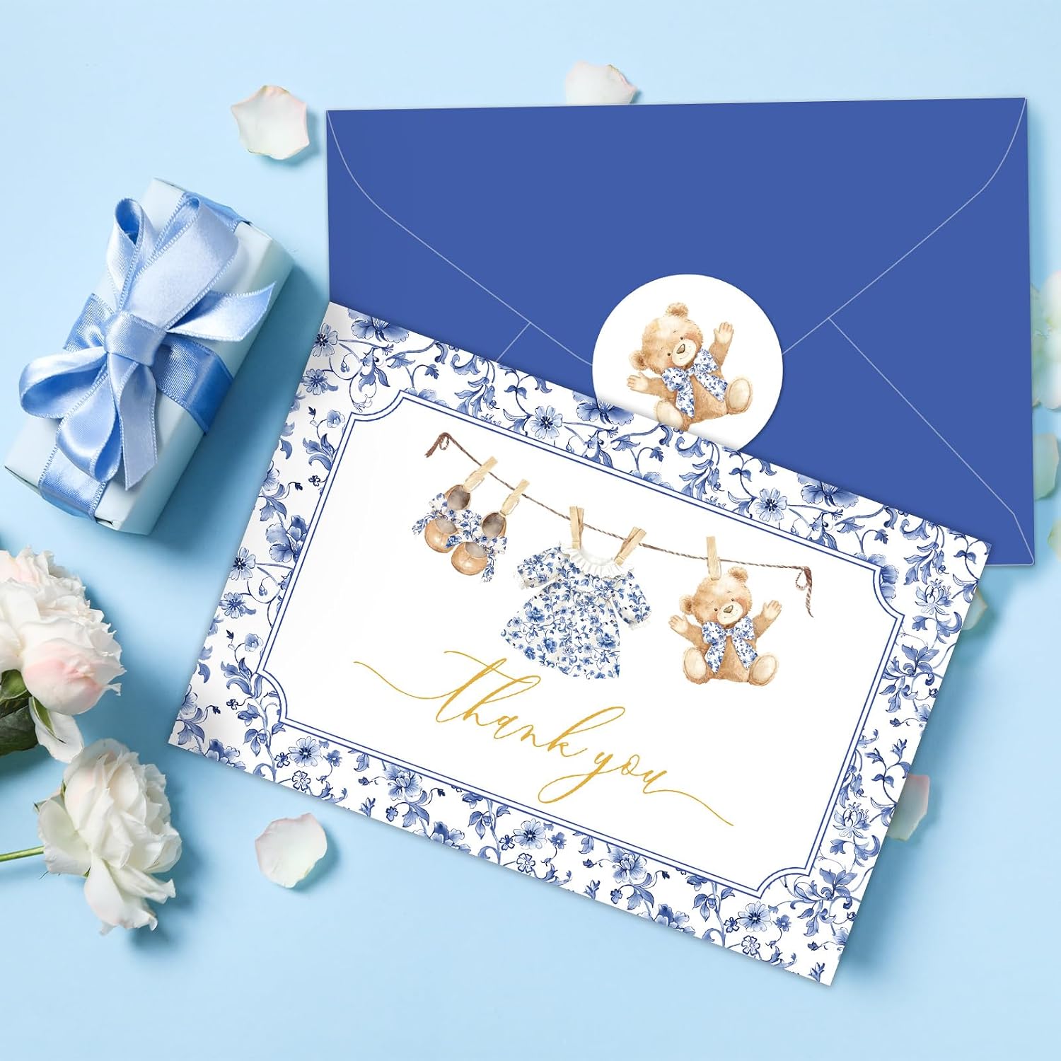 Whaline 24 Packs Blue Floral Thank You Cards Toile Blue Chinoiserie Bear Clothes Greeting Card with Envelopes and Stickers Vintage Blank Note Card for Birthday Baby Shower Gender Reveal Party Supplies image 4