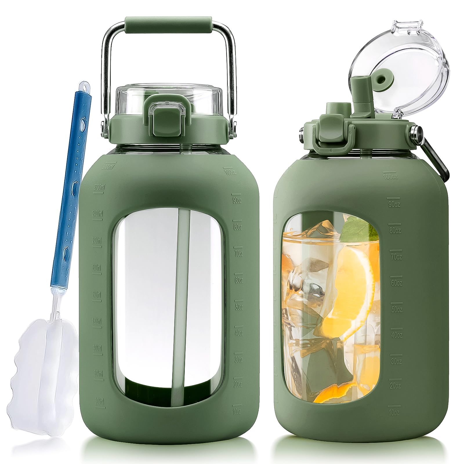 Amazon.com: WINSA Large Glass Water Bottles with Stainless Steel Handle,100  oz Gallon Drinking Bottle with 2-in-1 Straw Lid,3 Liter Glass Water Jug  with Silicone Sleeve,Wide Mouth,Olive : Sports & Outdoors