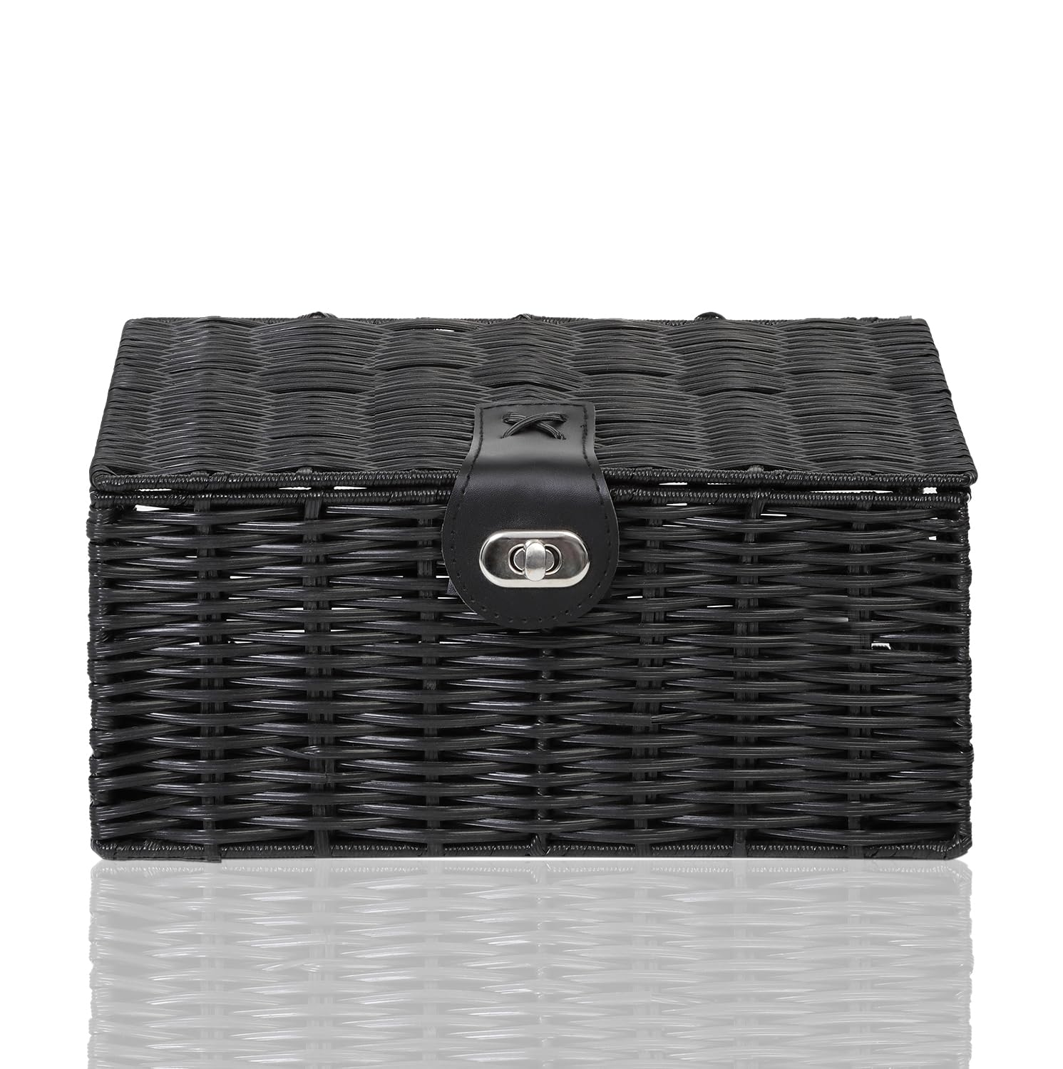 ARPAN Resin Woven Storage Basket Box with Lid & Lock, Black, 1, Small