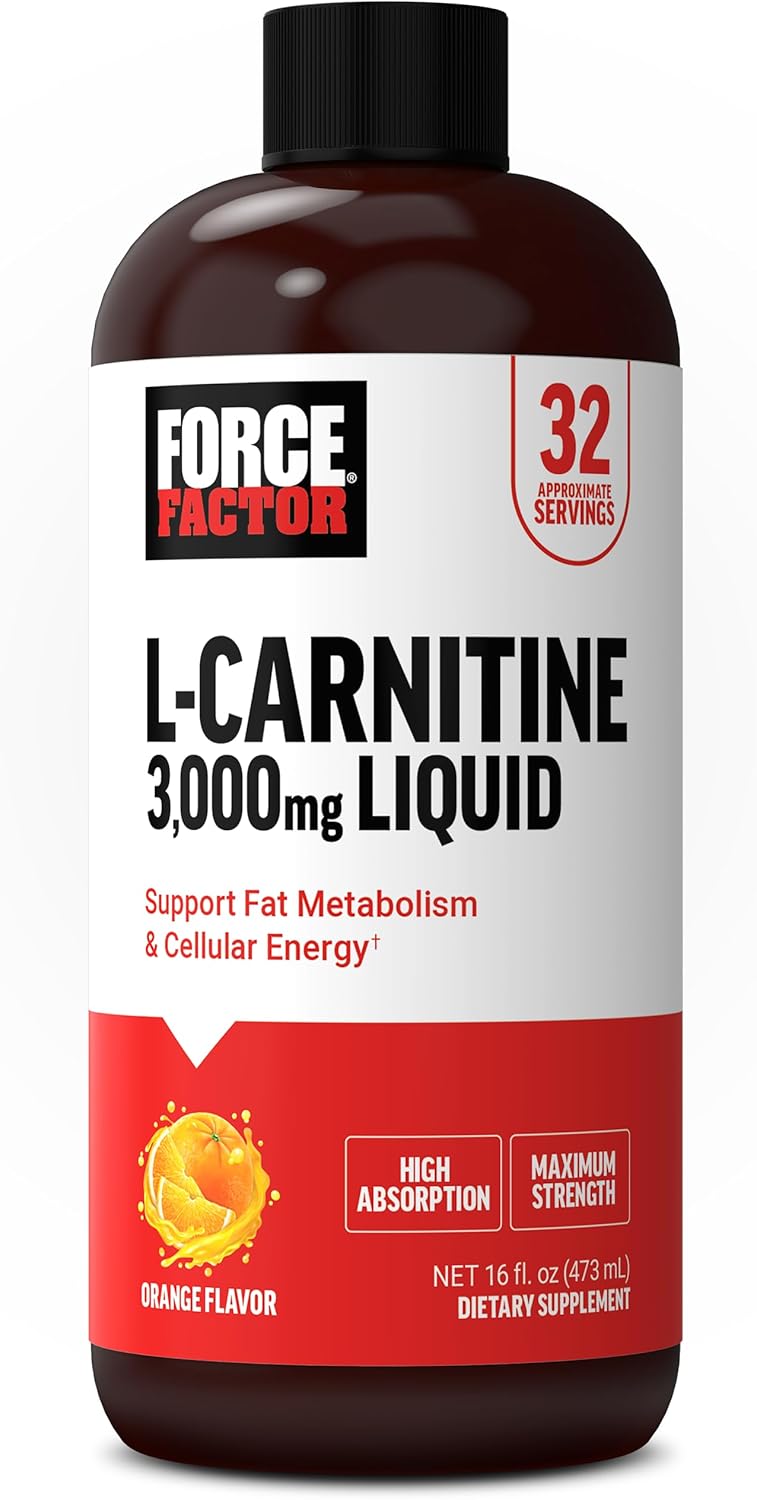 Force Factor L-Carnitine Liquid 3000mg, Maximum Strength Supplement to Support Fat Metabolism, Cellular Energy & Muscle Recovery, High Absorbing, Non-GMO, Orange Flavor, 16 oz Bottle