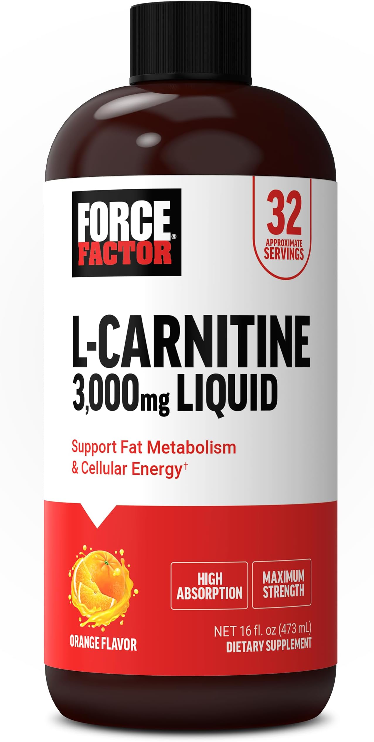 Force Factor L-Carnitine Liquid 3000mg, Maximum Strength Supplement to Support Fat Metabolism, Cellular Energy & Muscle Recovery, High Absorbing, Non-GMO, Orange Flavor, 16 oz Bottle