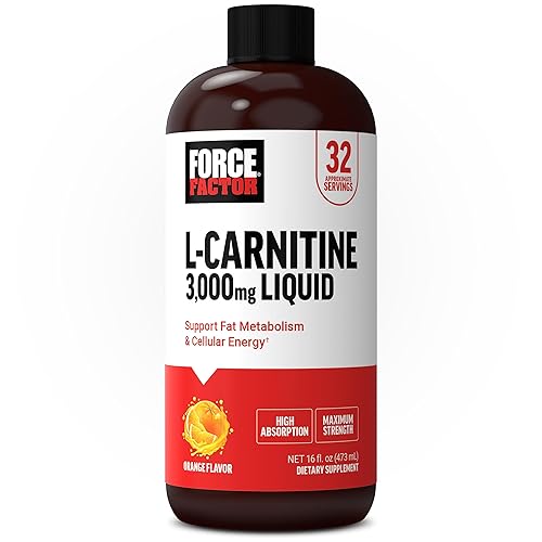 Force Factor L-Carnitine Liquid 3000mg, Maximum Strength Supplement to Support Fat Metabolism, Cellular Energy & Muscle Recovery, High Absorbing, Non-GMO, Orange Flavor, 16 oz Bottle - Orange