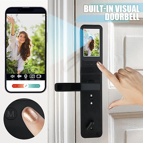 Miniatura 5 de Copkim Cerradura de puerta inteligente 4 en 1 con cámara de video y monitor, manija de puerta, cámara Wi-Fi, timbre, videollamada, bloqueo de