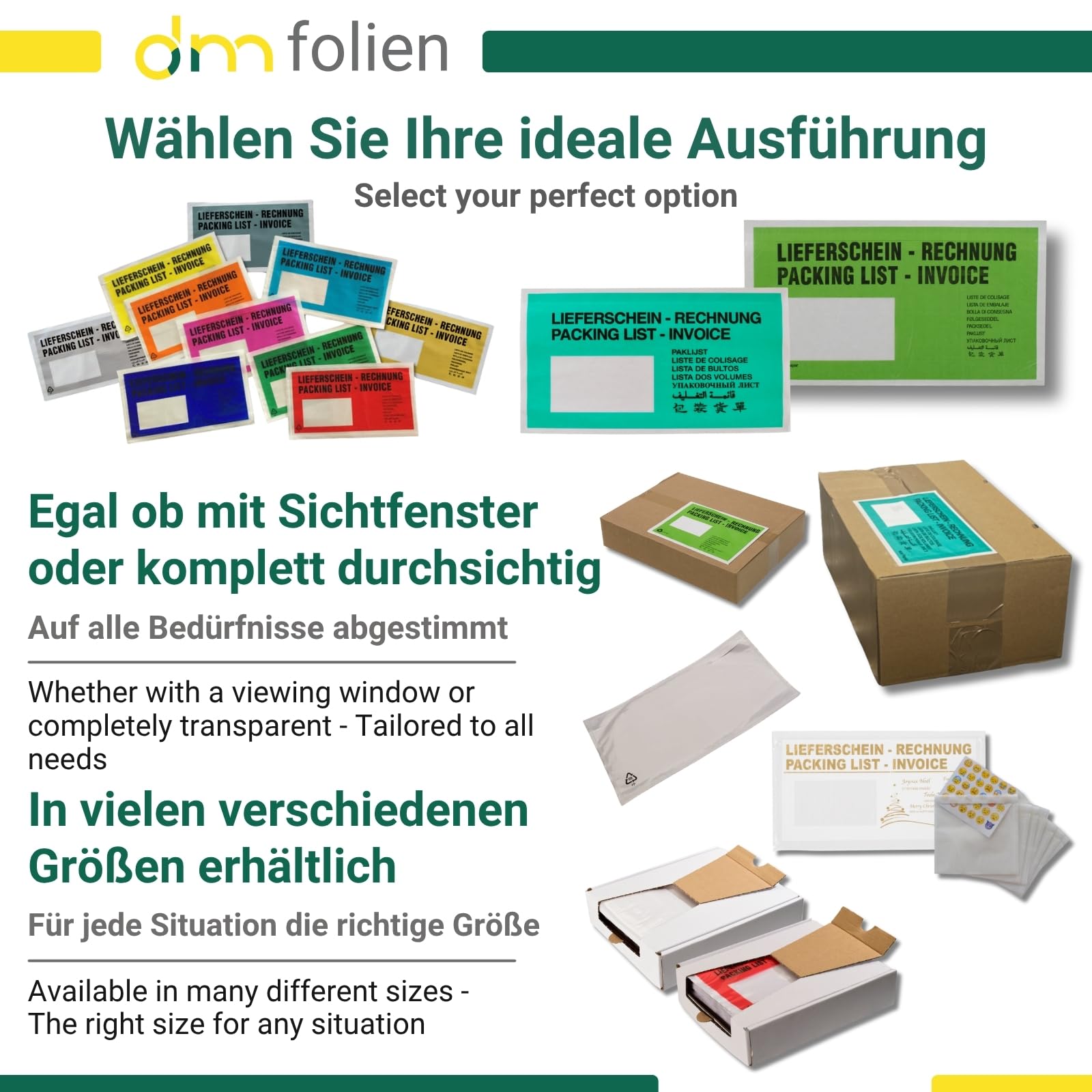 dm-folien Lieferscheintaschen DIN LANG I 1000 Stück I Selbstklebende Versandtaschen mit Aufdruck I Grüne Versandunterlagen für Lieferscheine & Rechnungen I Versandzubehör aus Pergamin-Papier