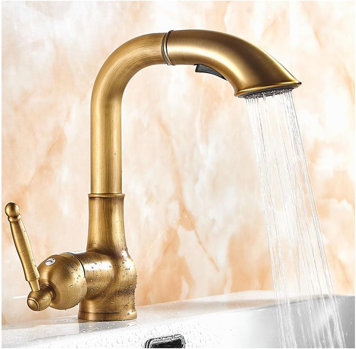 Kitchen Faucet with Pull Down Sprayer,Copper Lavatory Vanity Vessel Sink Mixer Tap Tall Spout,Vintage Single Handle Bathroom Sink Faucet