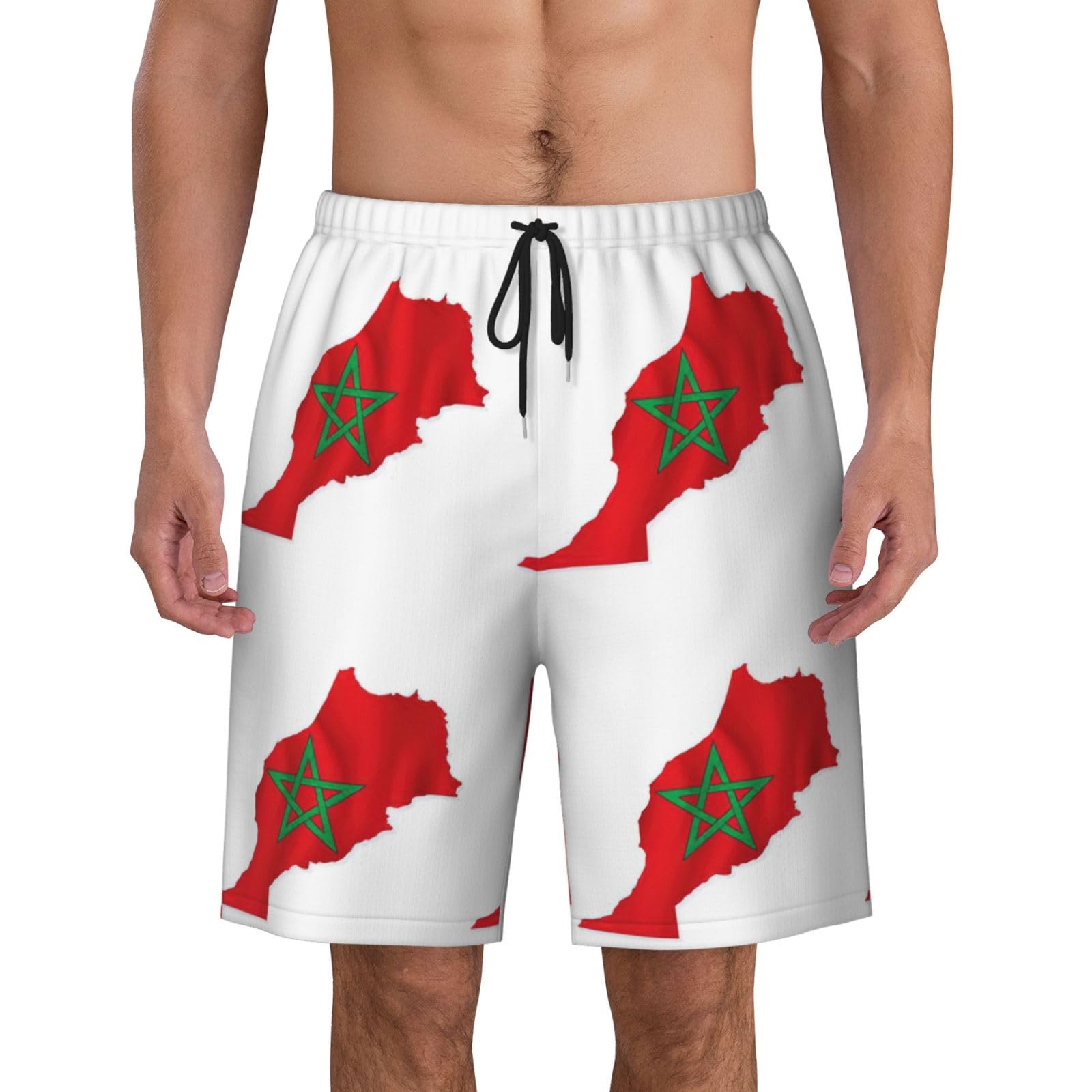 Gaxfjru Men's Black Morocco Flag Map Print Beach Shorts Swim Trunks Swimwear Shorts With Pockets Bathing Suit