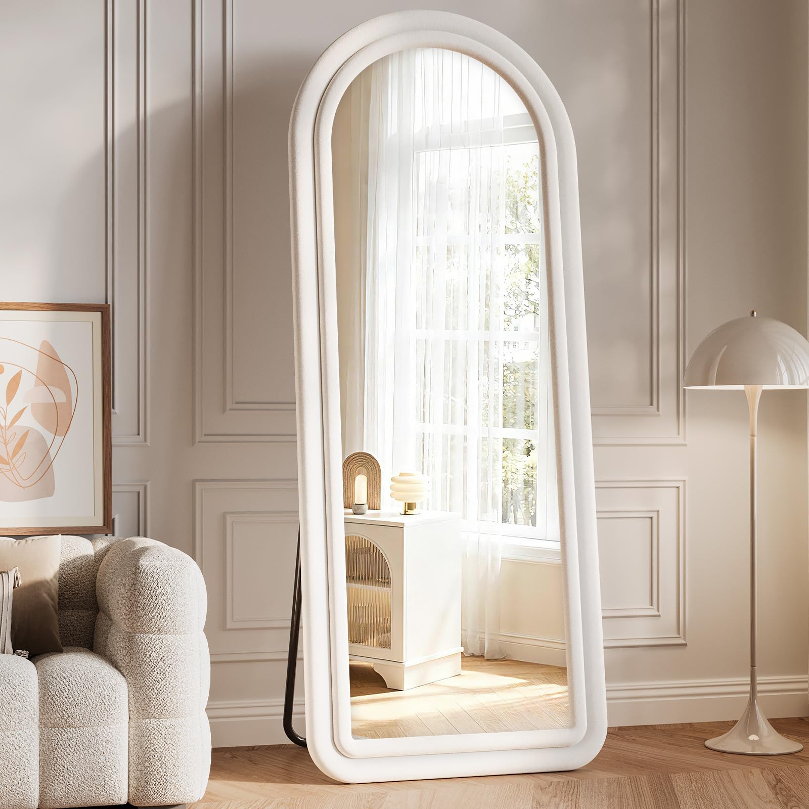 flannel full length mirror 63"x24", arched mirrors full length with stand, flannel floor mirror for bedroom and living room, full body mirror hanging or leaning, white