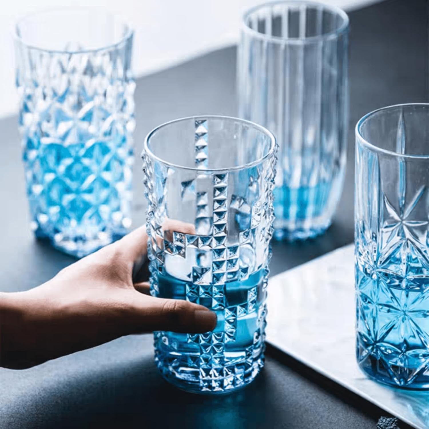 2 Highball Glasses, Clear Crystal Iced Tea Glasses, Tumblers, Drinkware Cold Beverages, Beer, Cocktails, Juice for Home, Bar, Party, Wedding, Office (geometric shape, 2pcs)