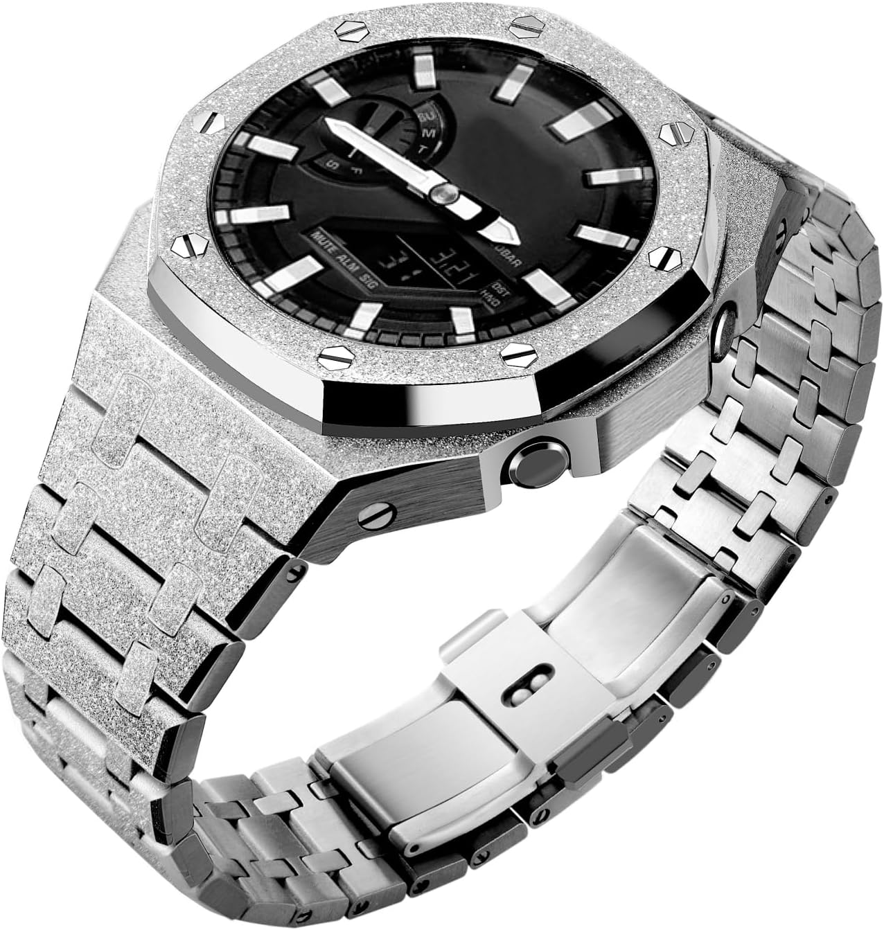 BMT GA2100 Watch Band Case Mod Kit, Stainless Steel Strap Bezel Replacement Accessories Frosted Surface Compatible with Men's Watches G-Shock GA-2100/GA-2110/GA-B2100