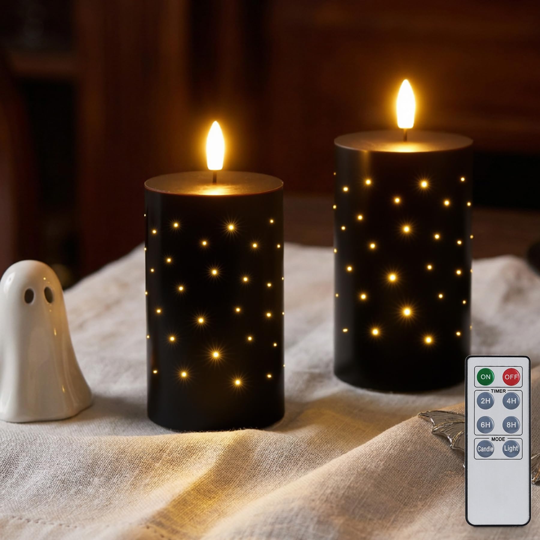 Rhytsing Sage Green Real Wax LED Candles with Fiber Optic Lights, Battery Operated Decorative Pillar Candles for Spring and Summer, Christmas Candles with Remote and Batteries, H 12.5 cm - Set of 2