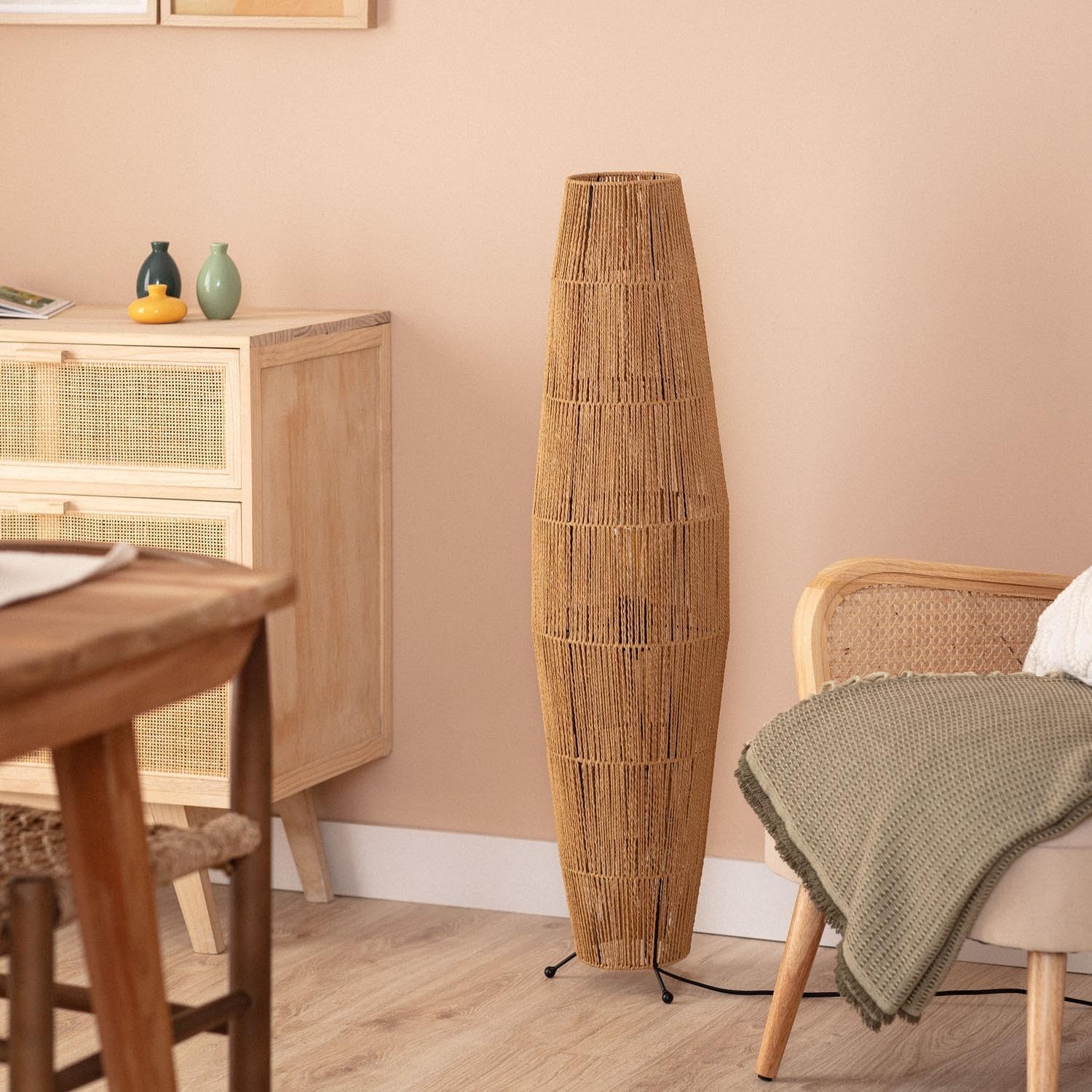 LEDKIA Lámpara de Pie Papel Trenzado Mahali Natural | Diseño Natural | Papel Trenzado Resistente | E27 Compatible | Para Salón y Dormitorio | Alto 1000 mm; Diámetro 250 mm