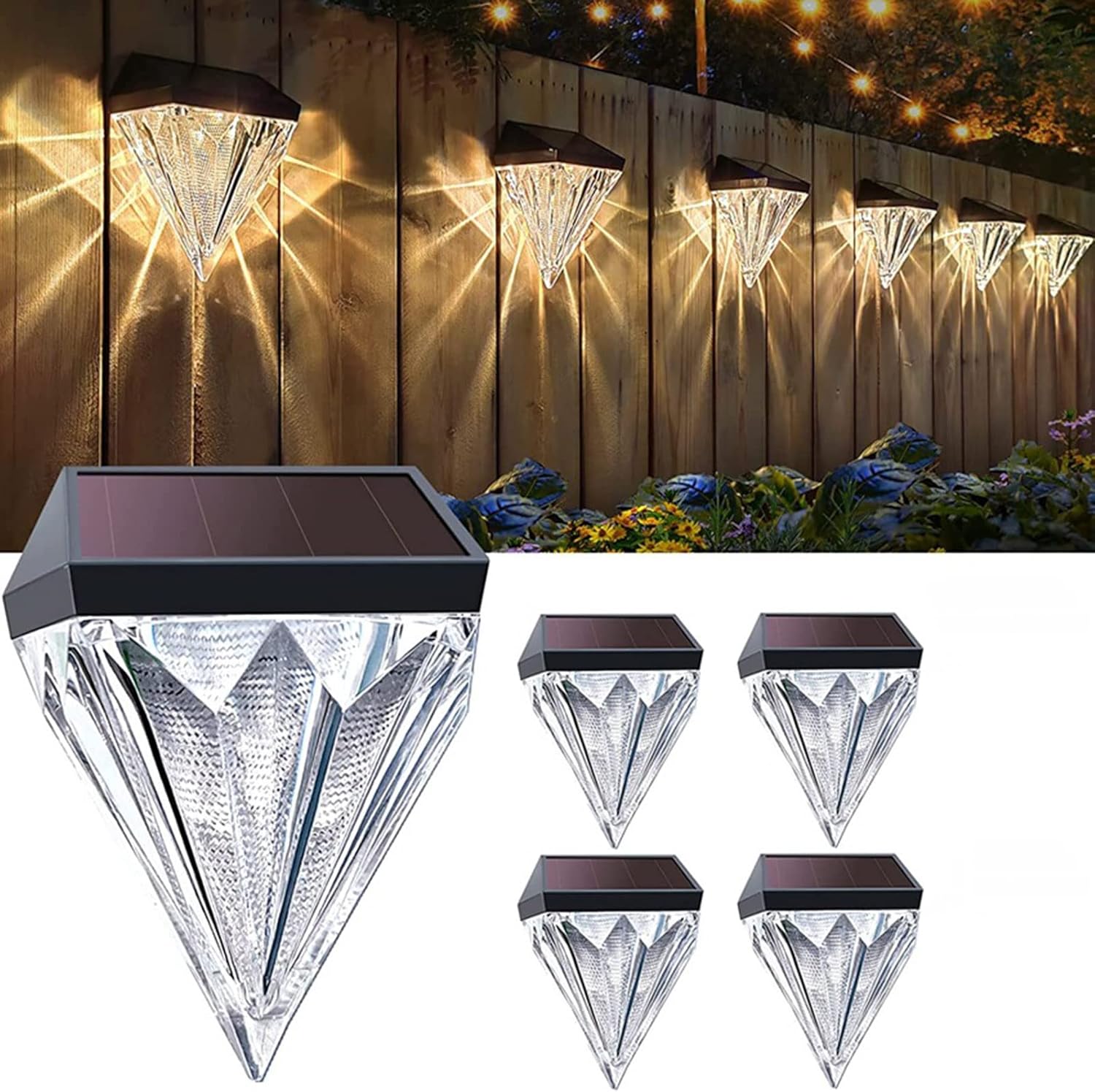 Diamond Solar Garden Lights, Outdoor Waterproof LED Solar Deck Lights Outdoor Patio Wall Decor for Fence Deck Step Wall Railing Patio, Warm White, 4Pack