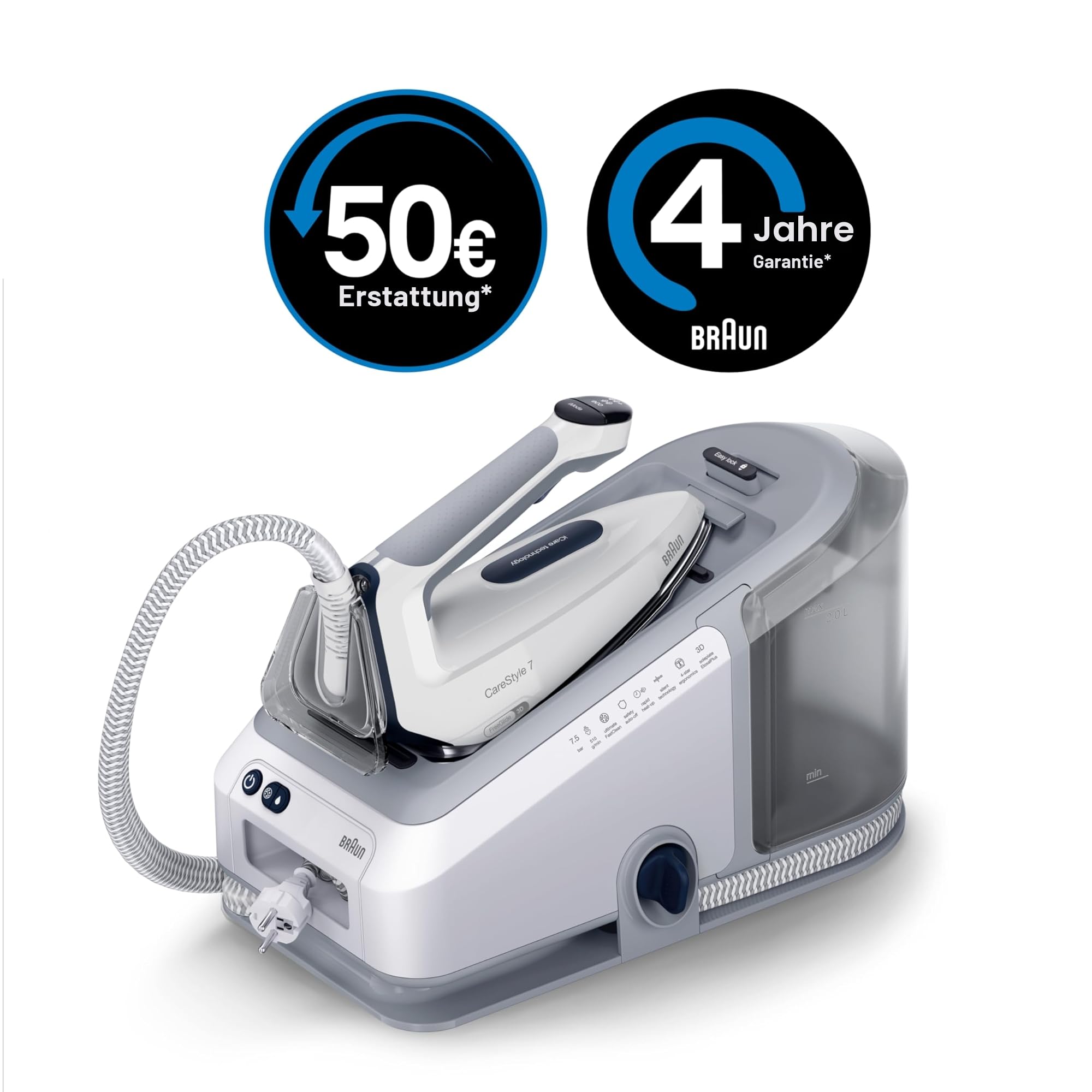 Braun CareStyle 7 IS7262GY, Bügelstation mit professionellem Dampfgenerator, FreeGlide 3D, iMode und iCare, vertikales Bügeln, Ultimate FastClean, herausnehmbarer Behälter 2 l, 2700 W, Violett